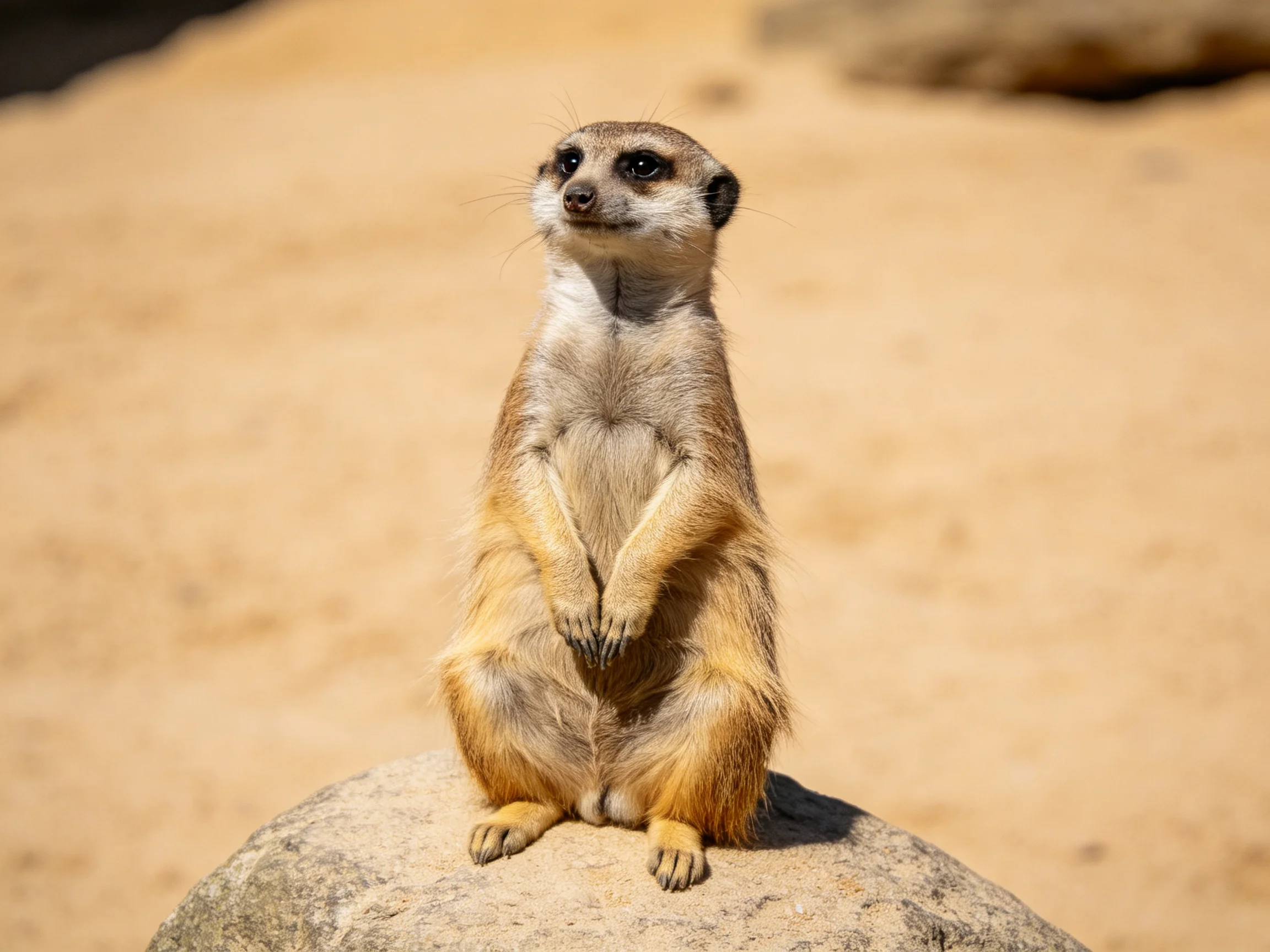 A vigilant meerkat stands atop a large gray rock in a sandy environment