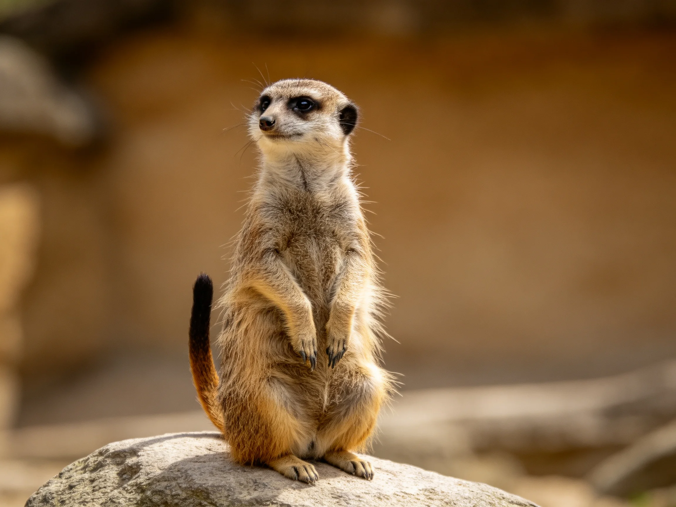 A vigilant meerkat stands atop a large gray rock in a sunlit habitat