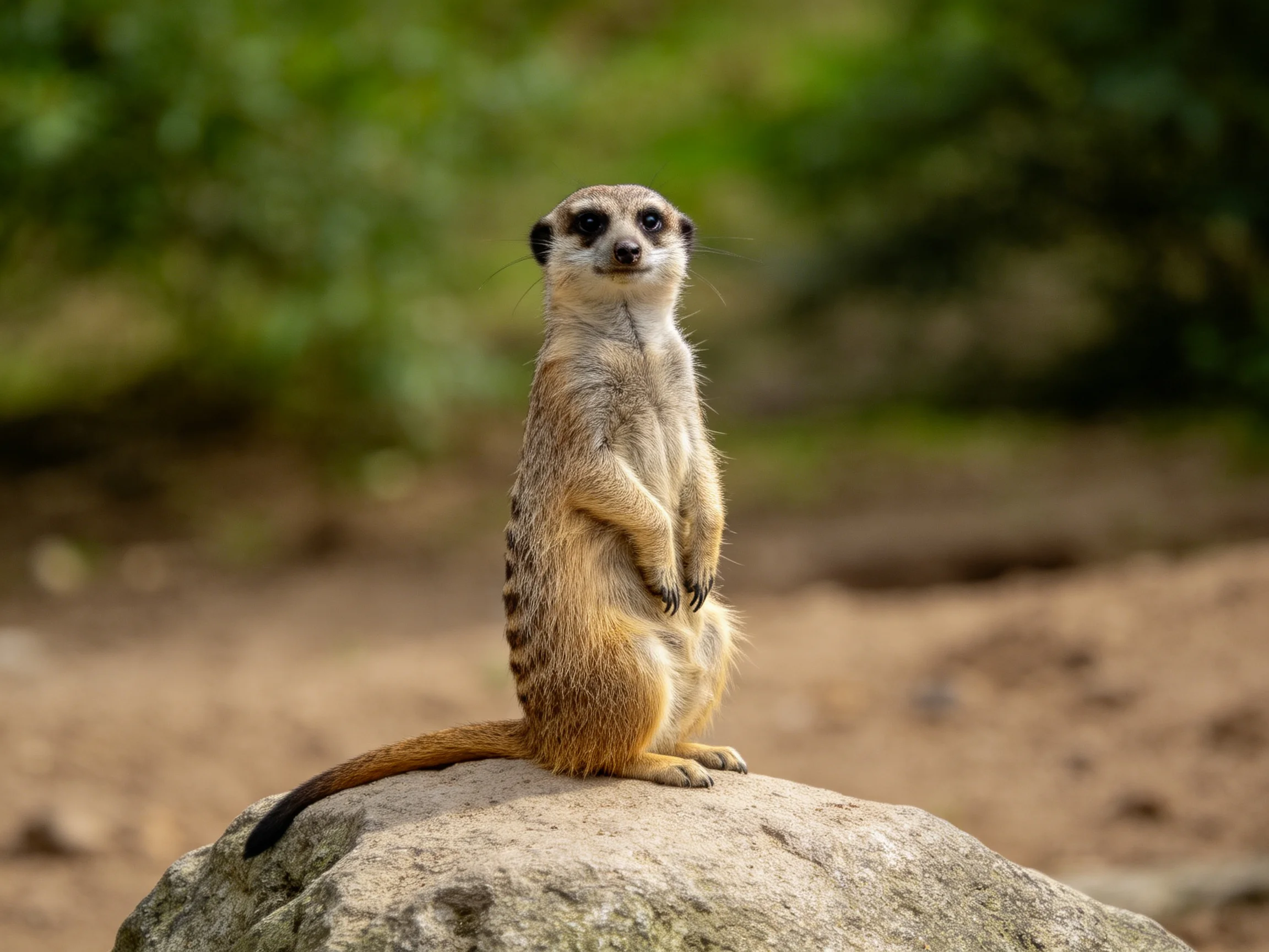 A vigilant meerkat stands atop a large gray rock near greenery