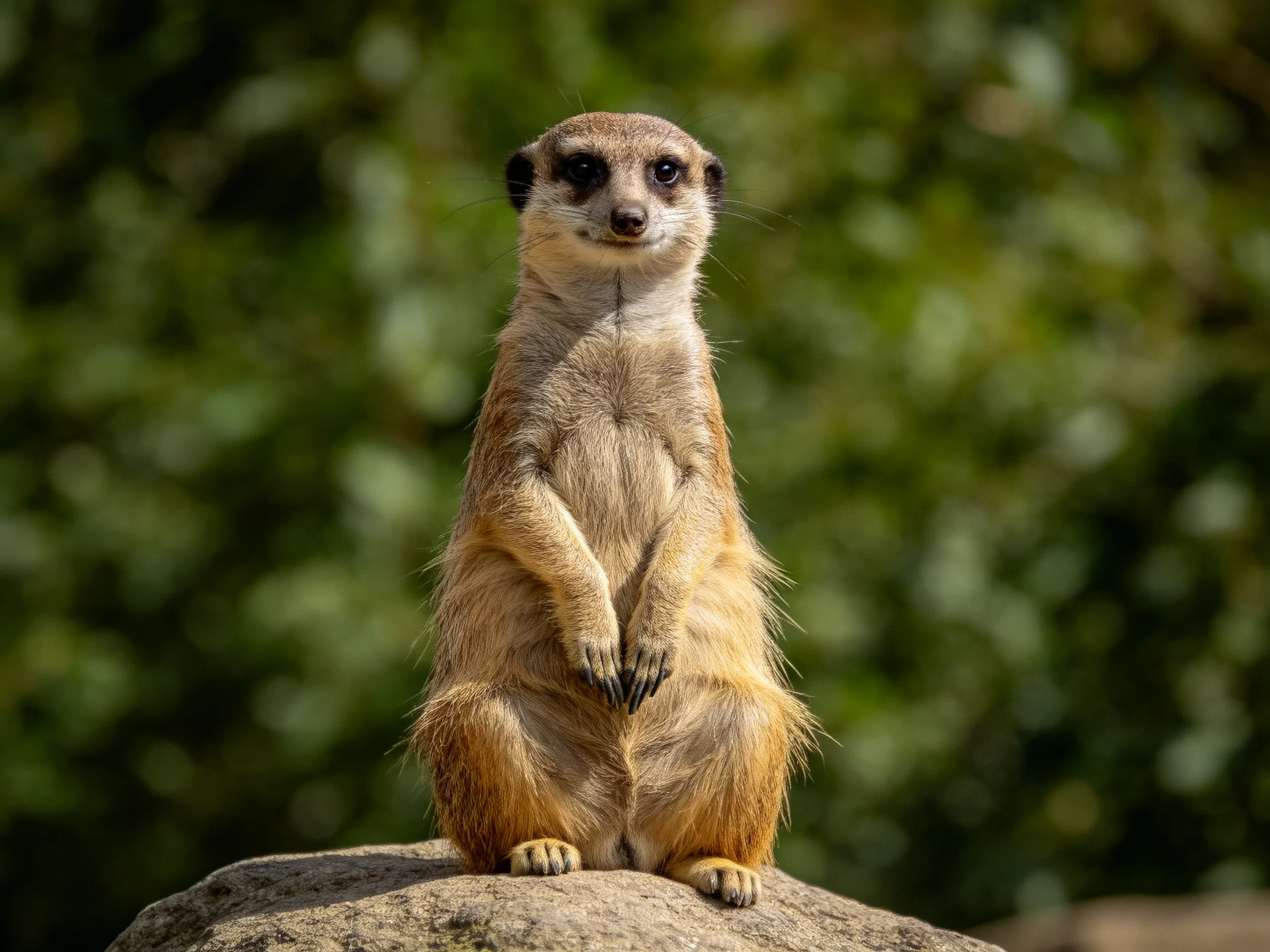 A vigilant meerkat stands atop a large gray rock near lush greenery