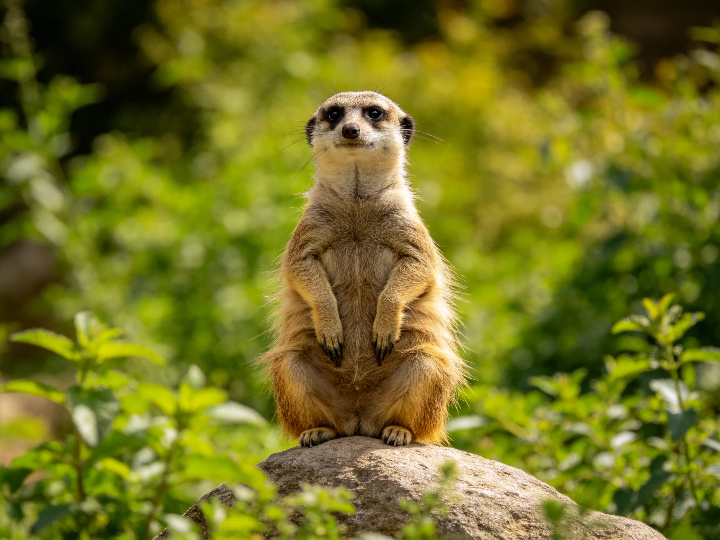A vigilant meerkat stands atop a large rock amid lush greenery