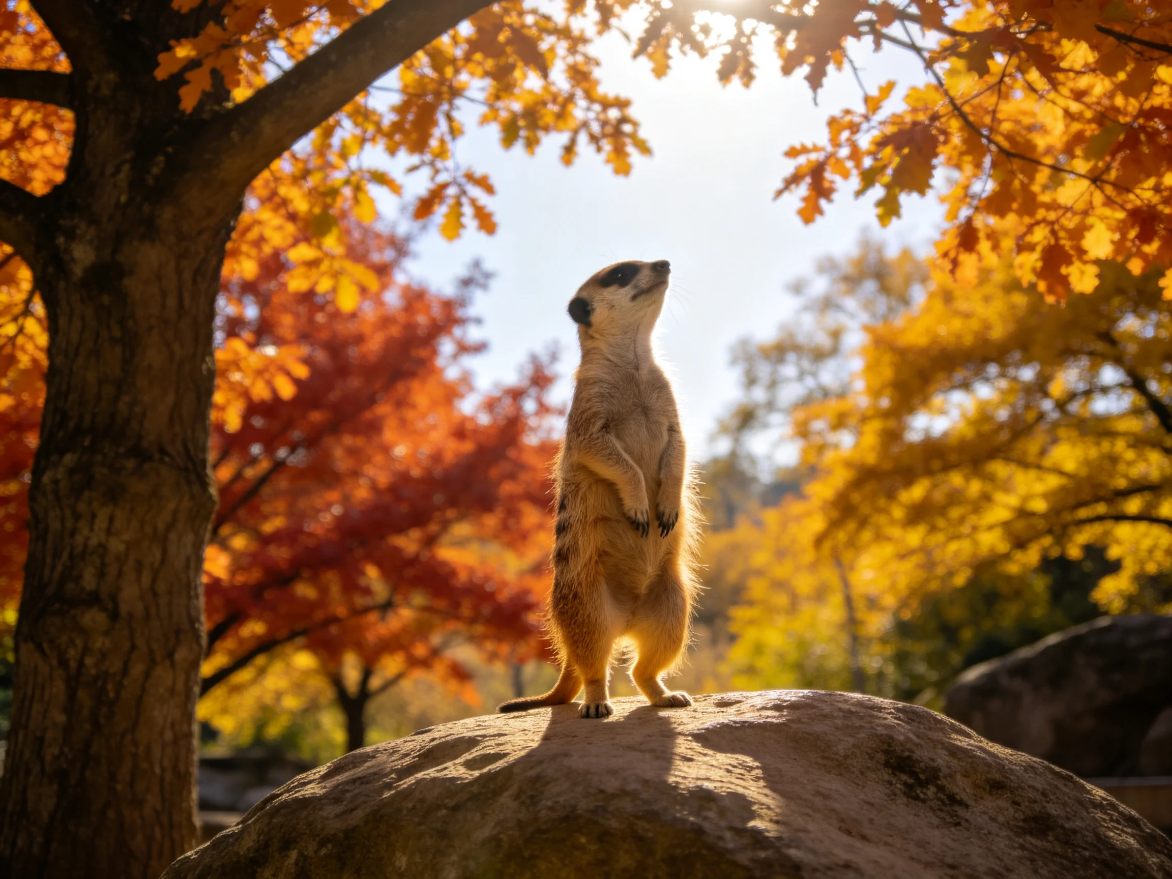 A vigilant meerkat stands atop a large rock amid vibrant fall foliage