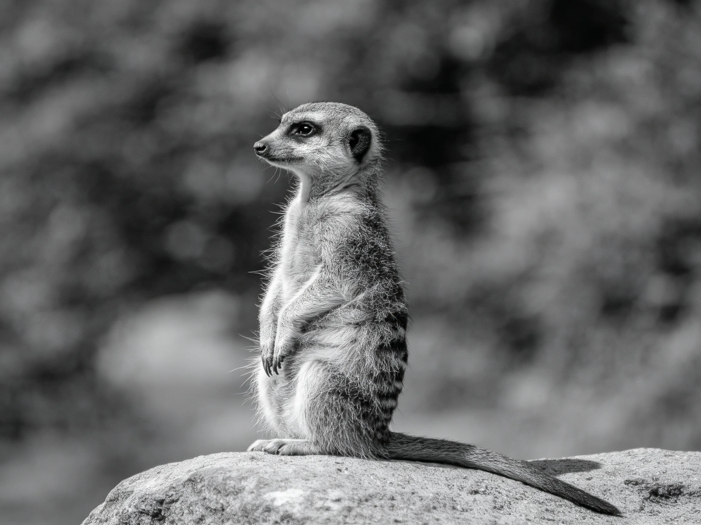 A vigilant meerkat stands atop a large rock in a blurred natural setting