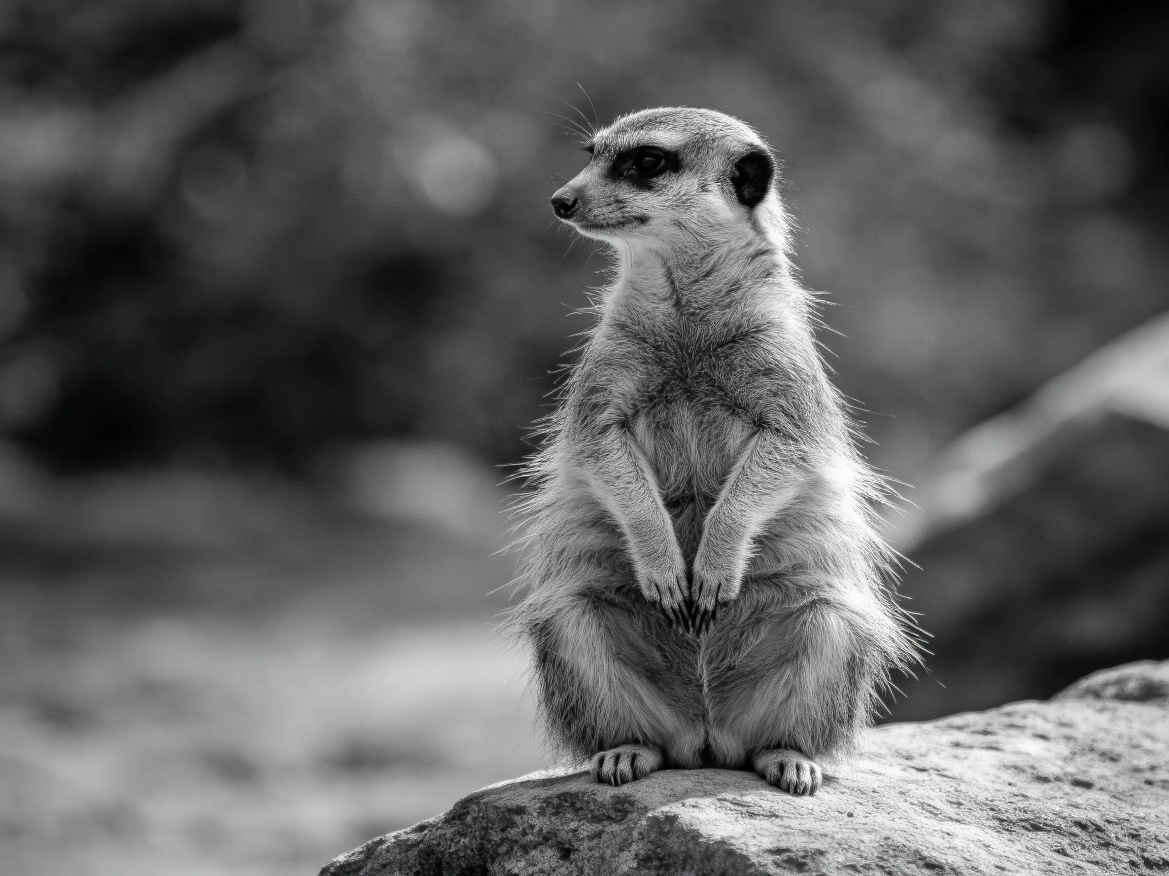 A vigilant meerkat stands atop a large rock in a blurred natural setting