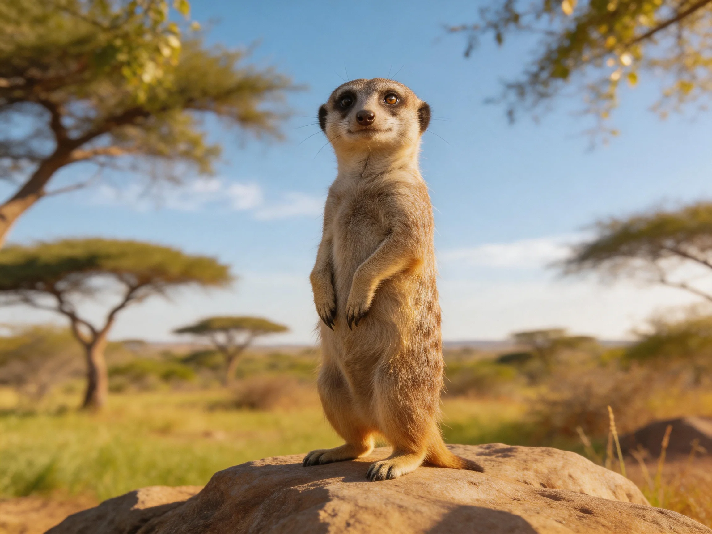 A vigilant meerkat stands atop a large rock in an African savannah
