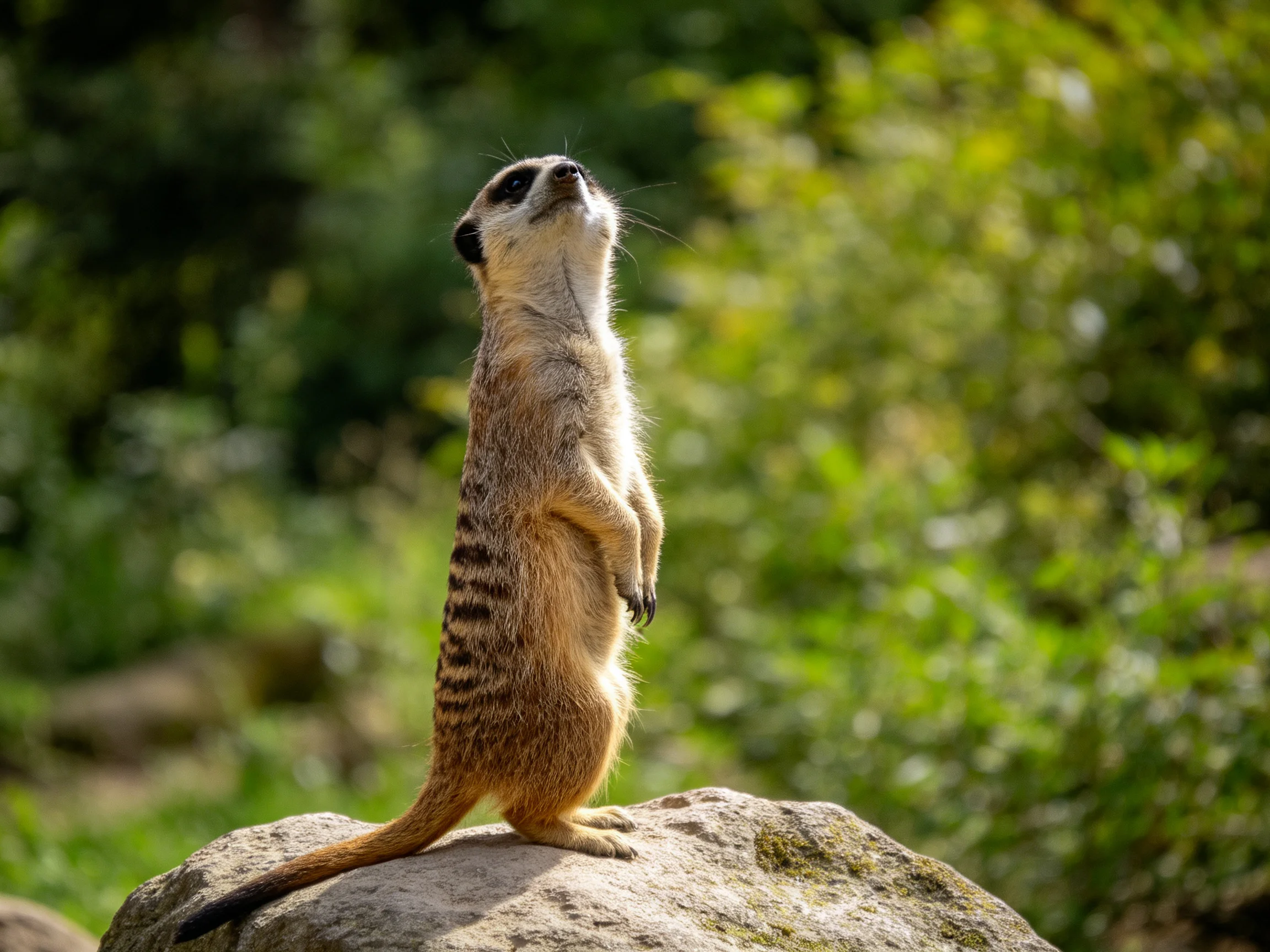 A vigilant meerkat stands atop a mossy rock amid lush green foliage