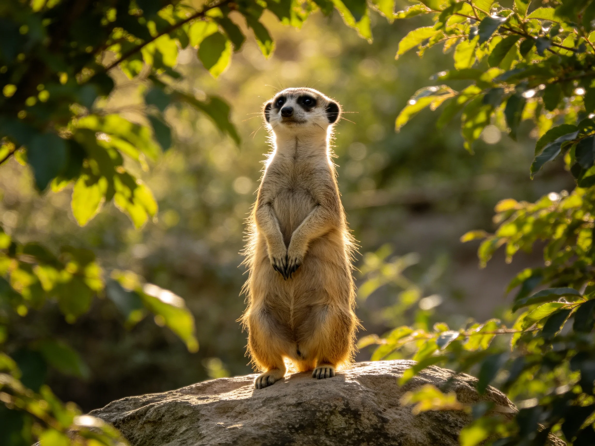A vigilant meerkat stands atop a rock amid lush green foliage