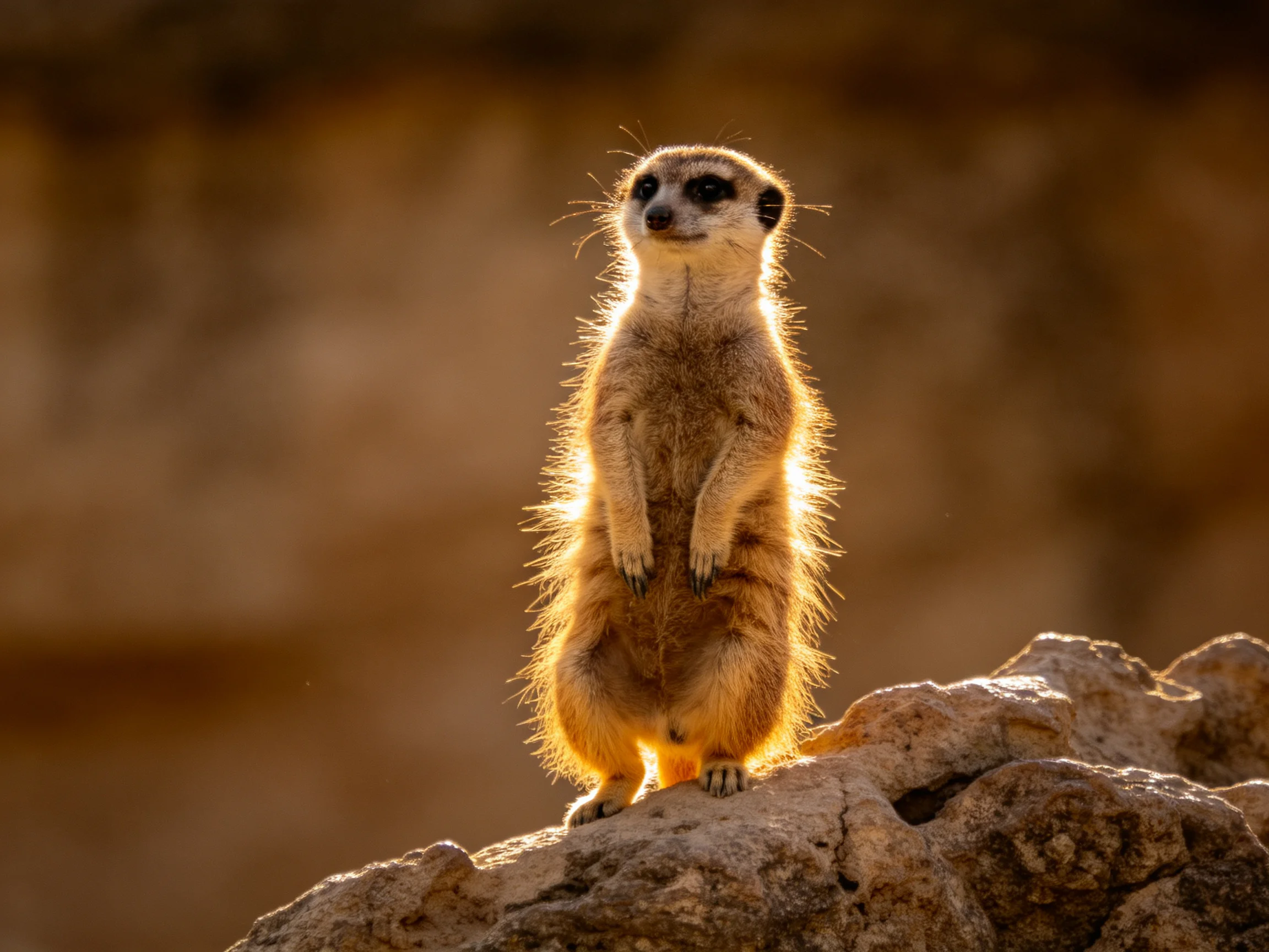 A vigilant meerkat stands atop a rocky formation in golden light