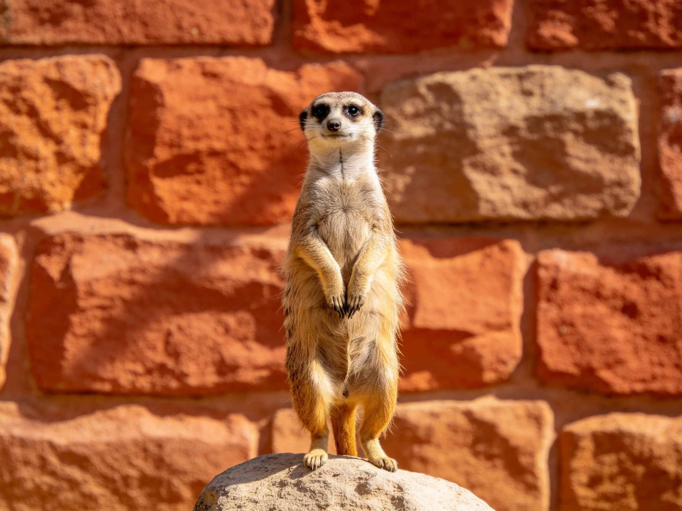 A vigilant meerkat stands atop a stone on a reddish-brown brick wall