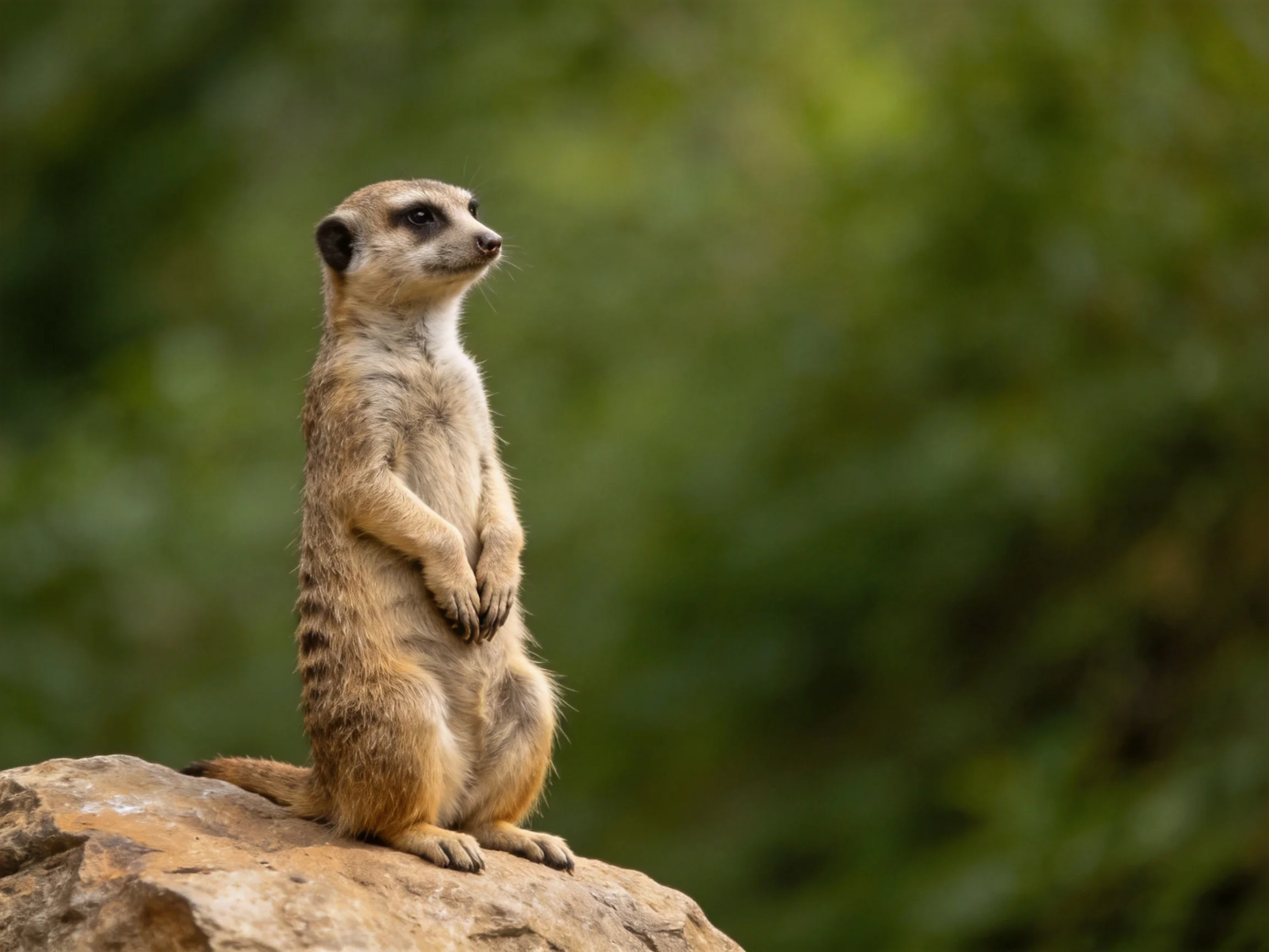 A vigilant meerkat stands atop a textured brown rock amid lush green foliage