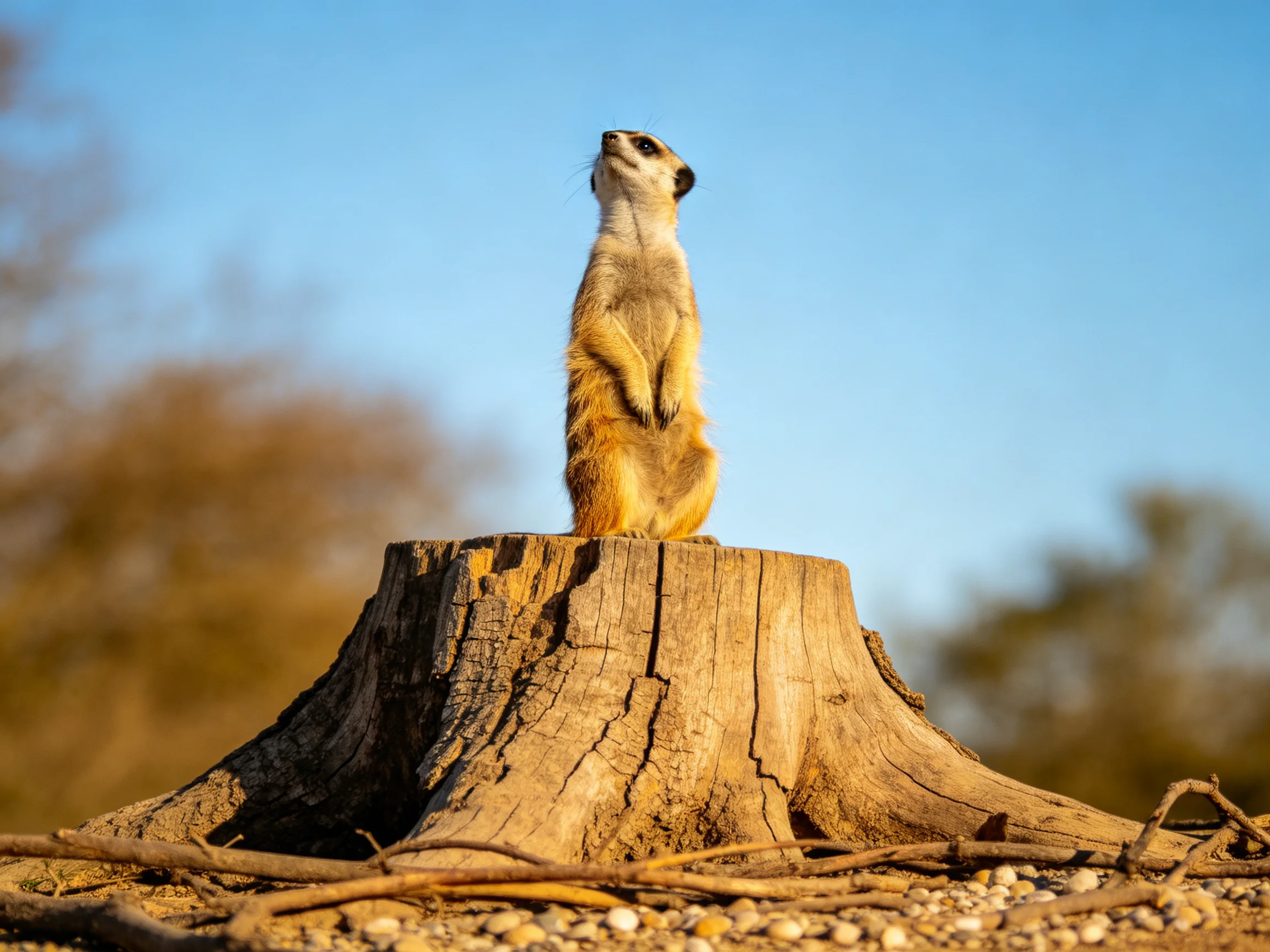 A vigilant meerkat stands atop a weathered brown tree stump under clear blue sky
