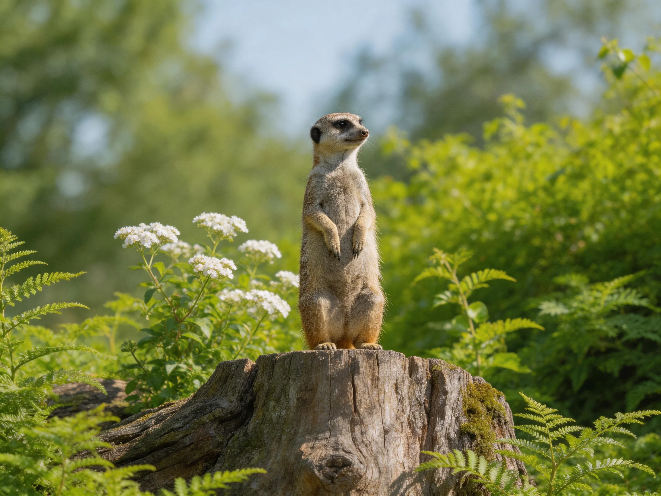 A vigilant meerkat stands atop a weathered tree stump amid lush greenery