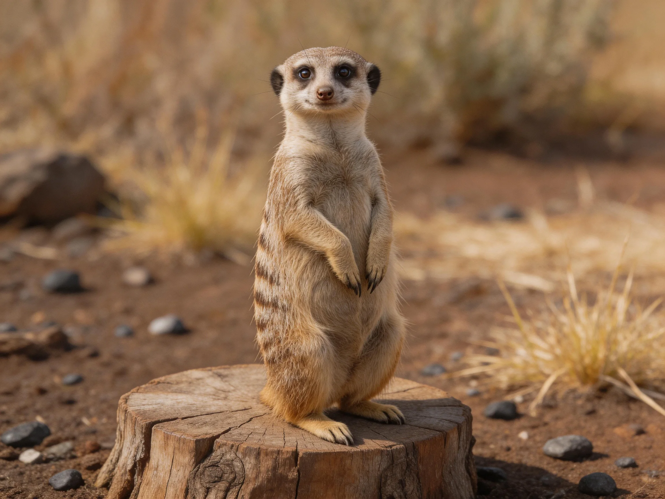 A meerkat stands alert on a tree stump amid dry, rocky terrain.
