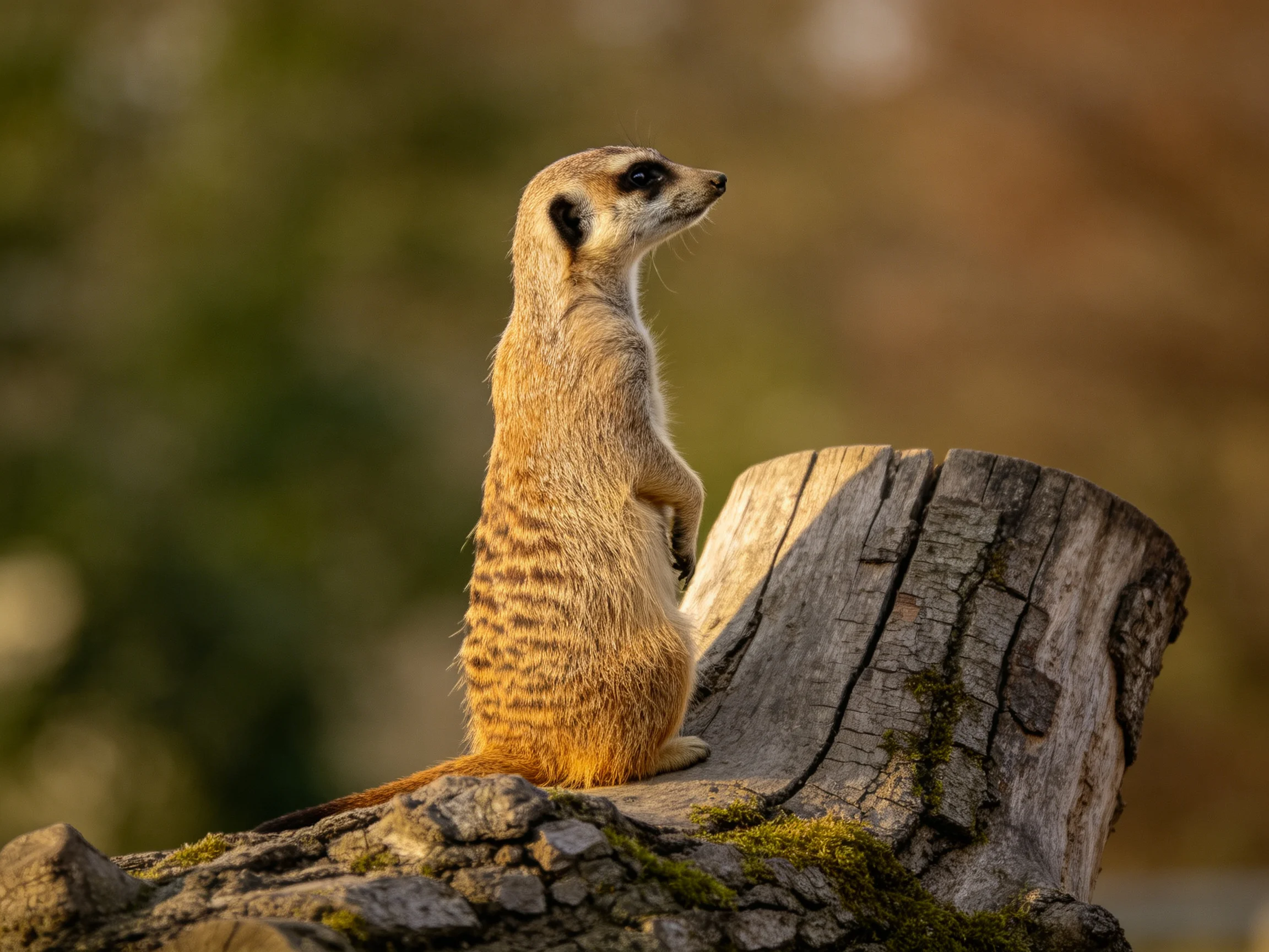 A vigilant meerkat stands atop a weathered tree stump with moss