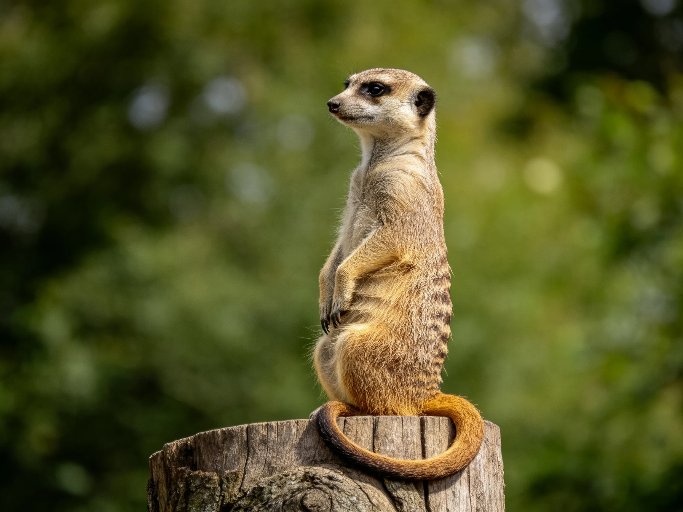 A vigilant meerkat stands atop a weathered wooden stump against lush green foliage