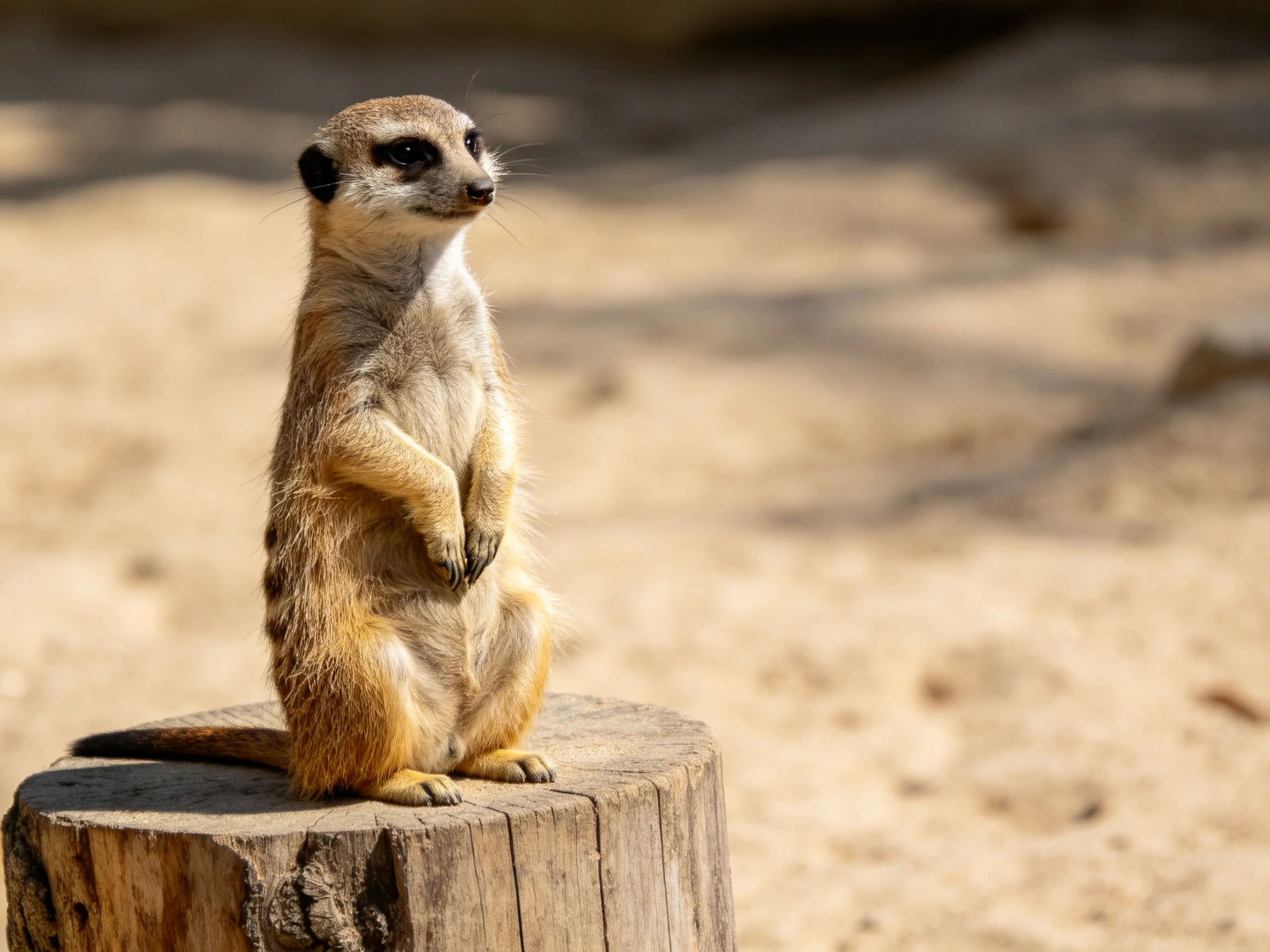 A vigilant meerkat stands atop a weathered wooden stump in a sandy landscape