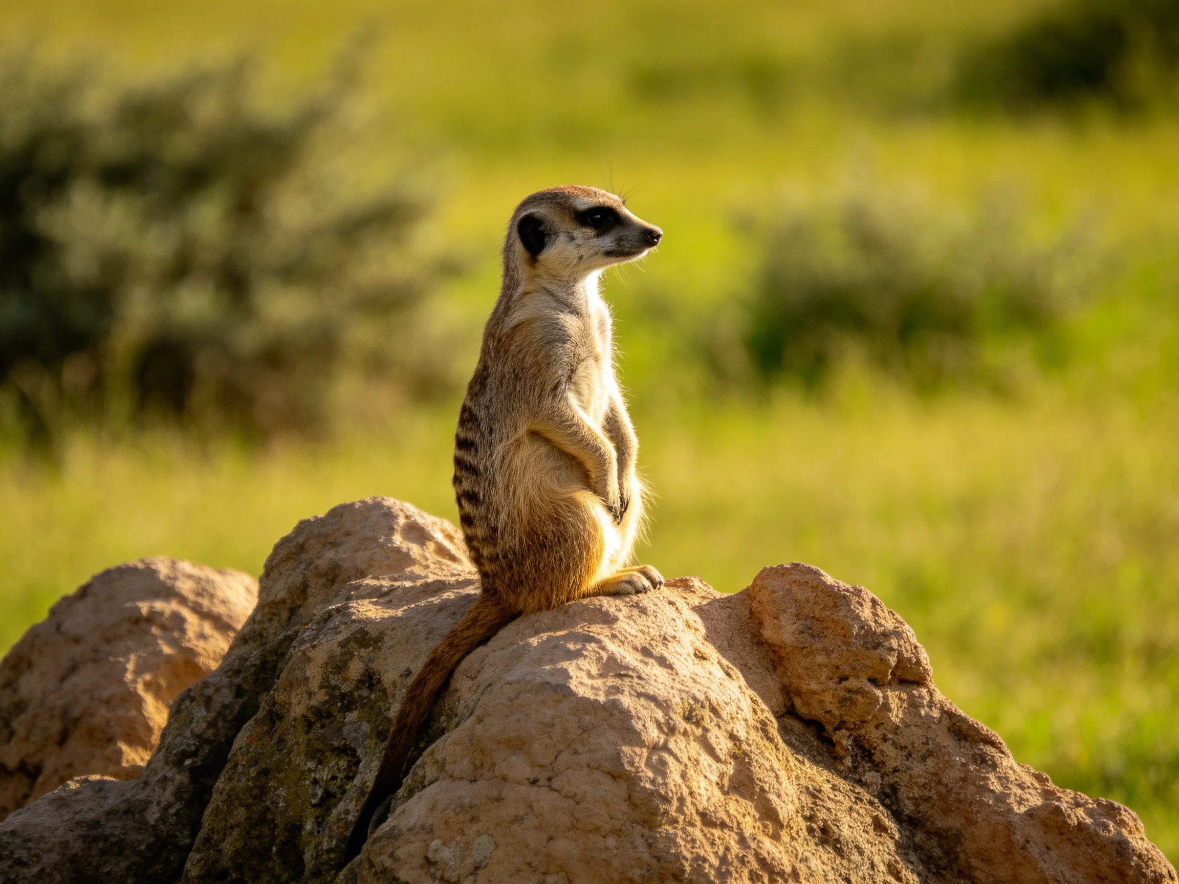 A vigilant meerkat stands atop large brown rocks in a green savannah