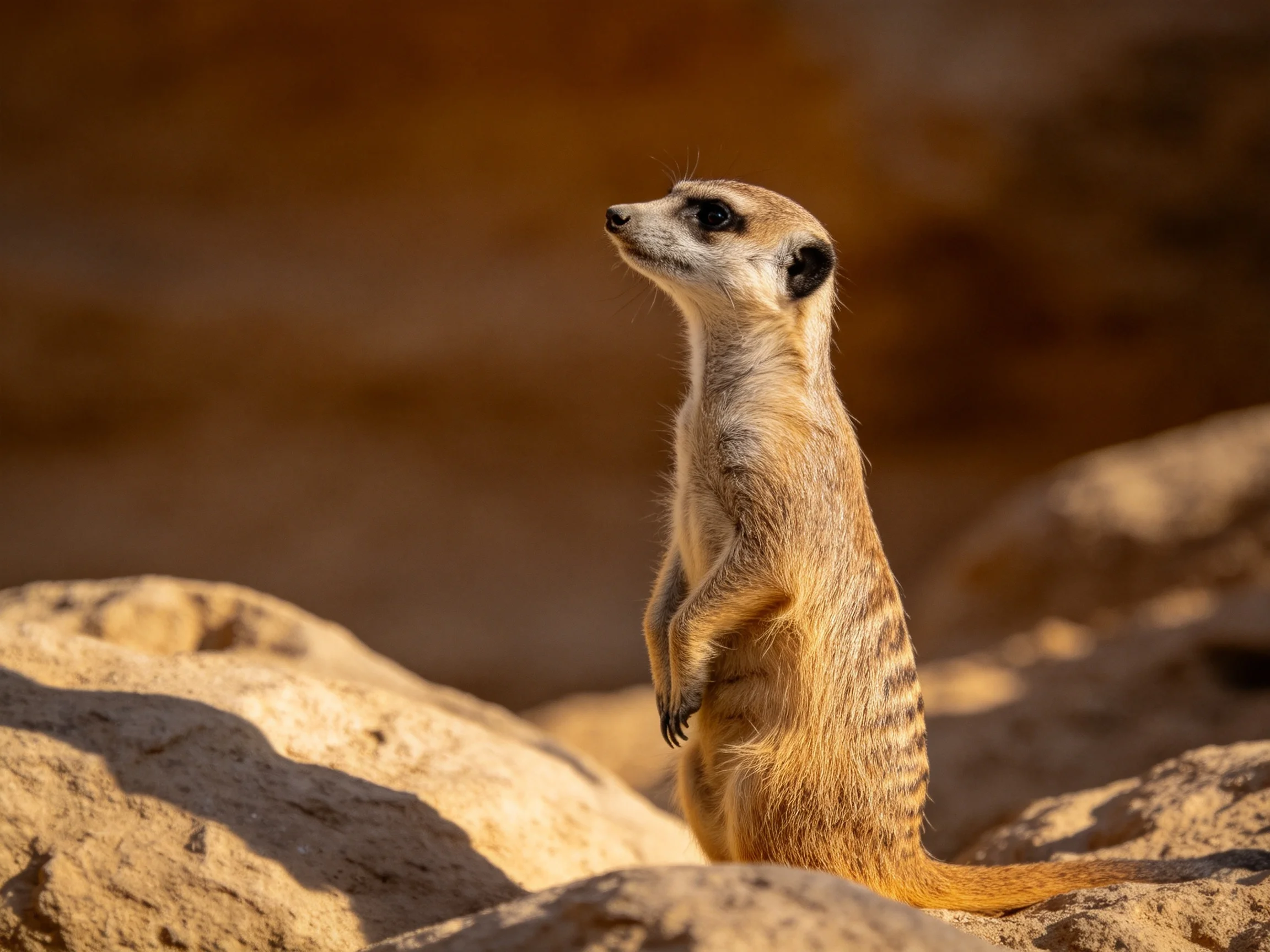 A vigilant meerkat stands atop sandy rocks in warm sunlight