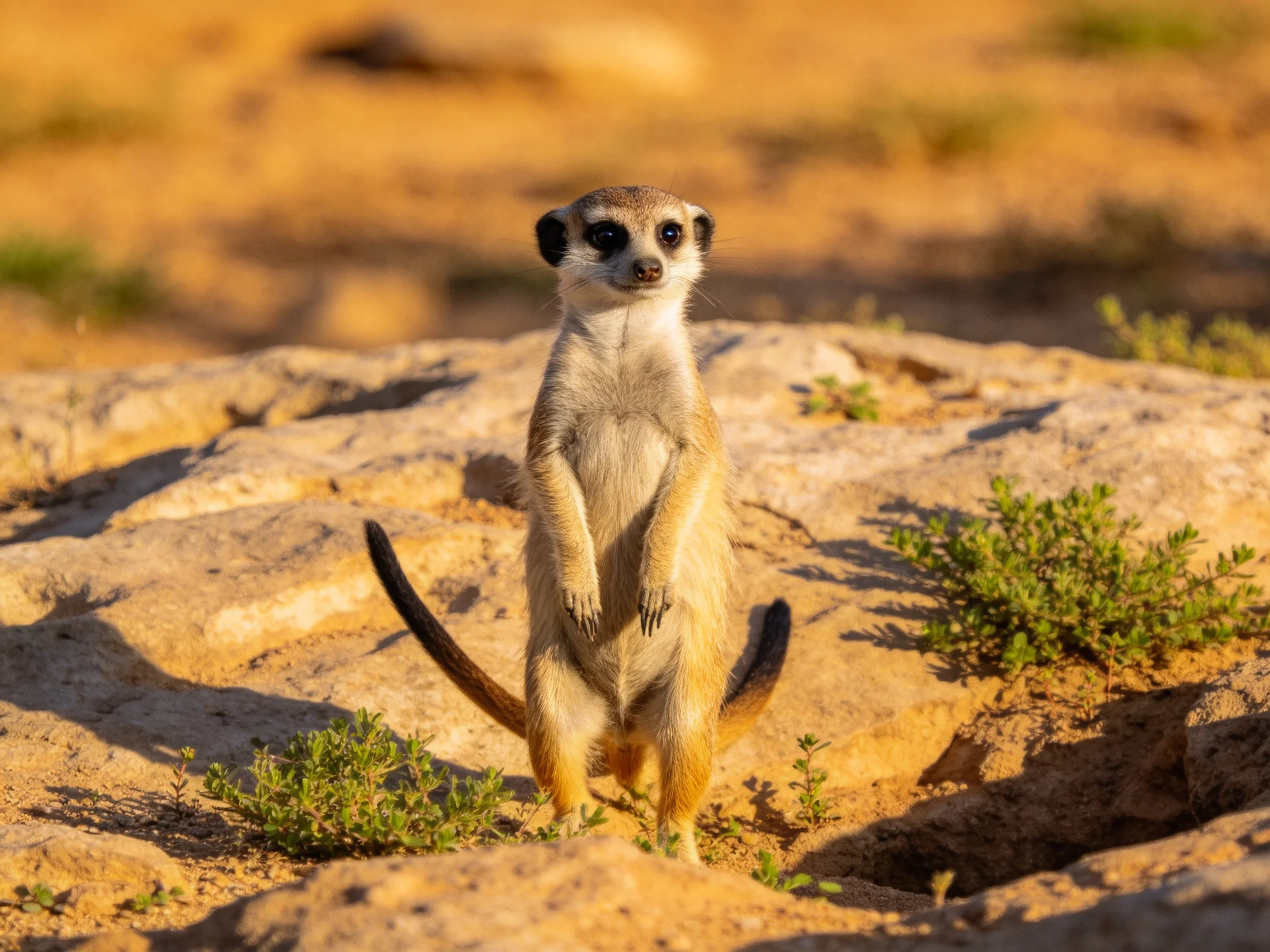 A vigilant meerkat stands atop sandy rocks near sparse greenery