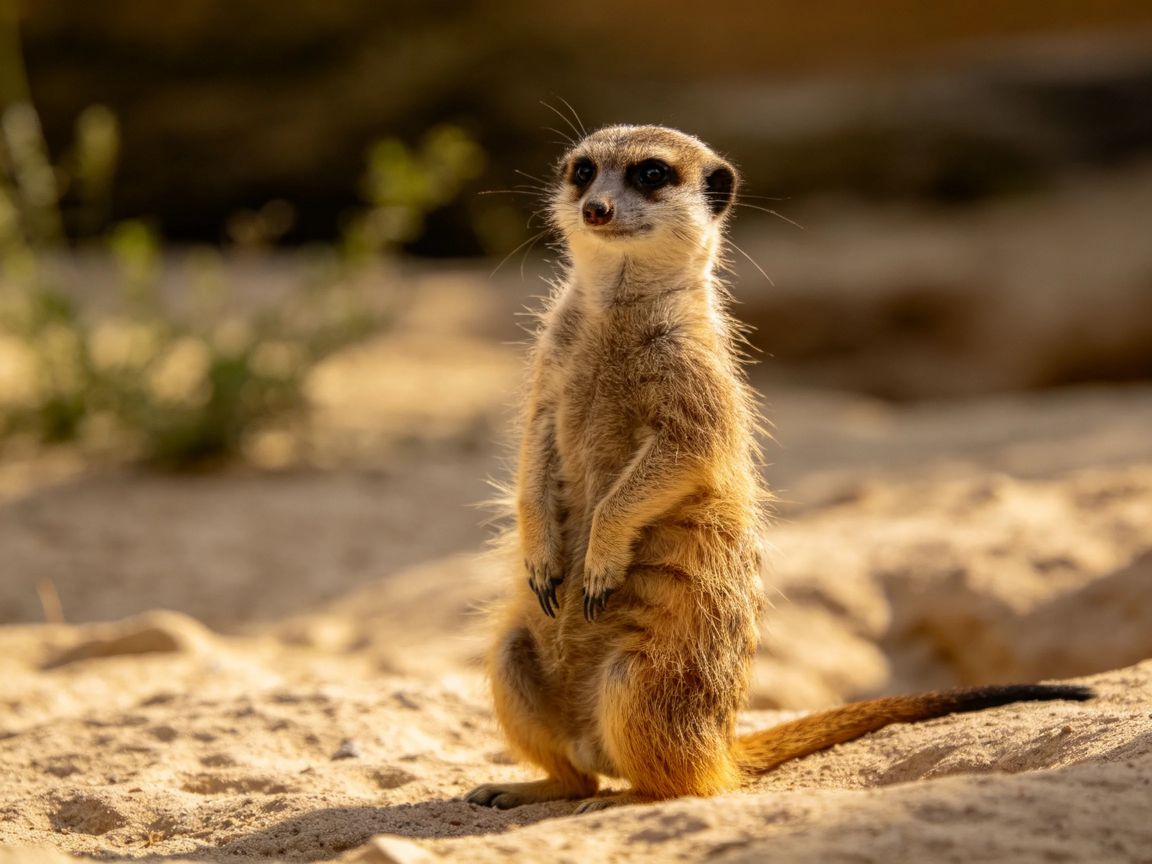 A vigilant meerkat stands atop sunlit sand with earthy tones
