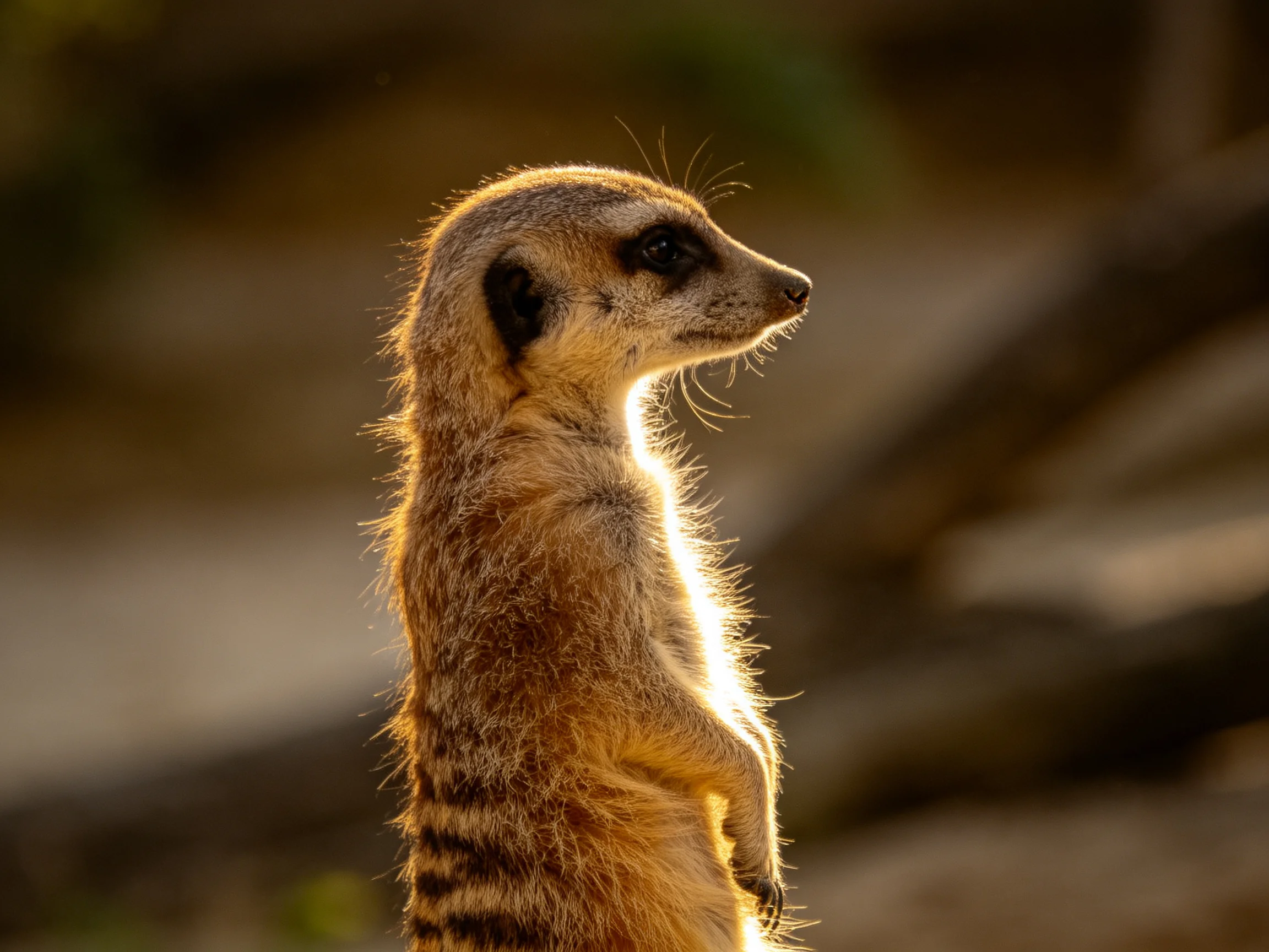 A vigilant meerkat stands bathed in golden sunlight