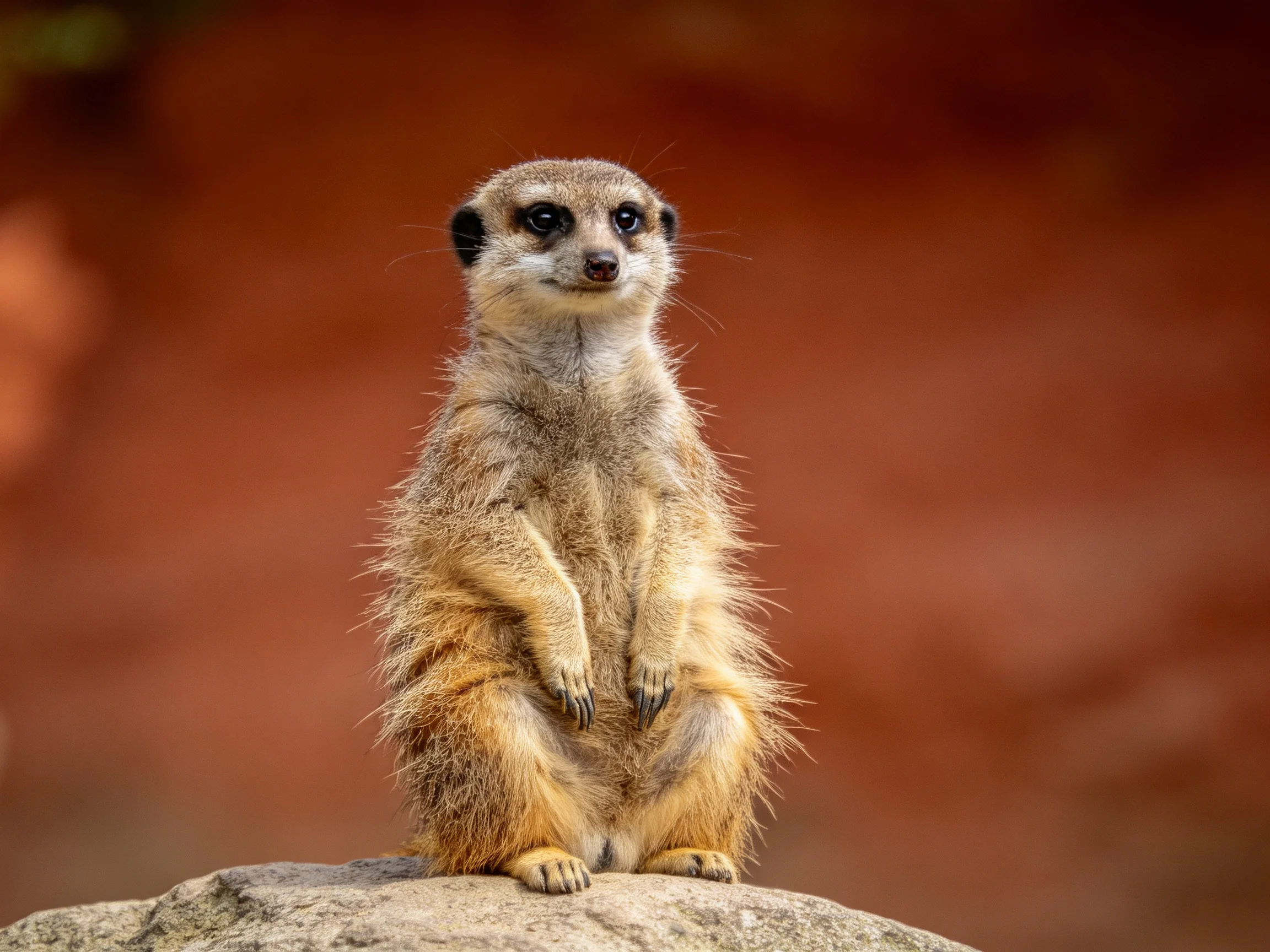 A vigilant meerkat stands on a gray rock with a reddish blurred background