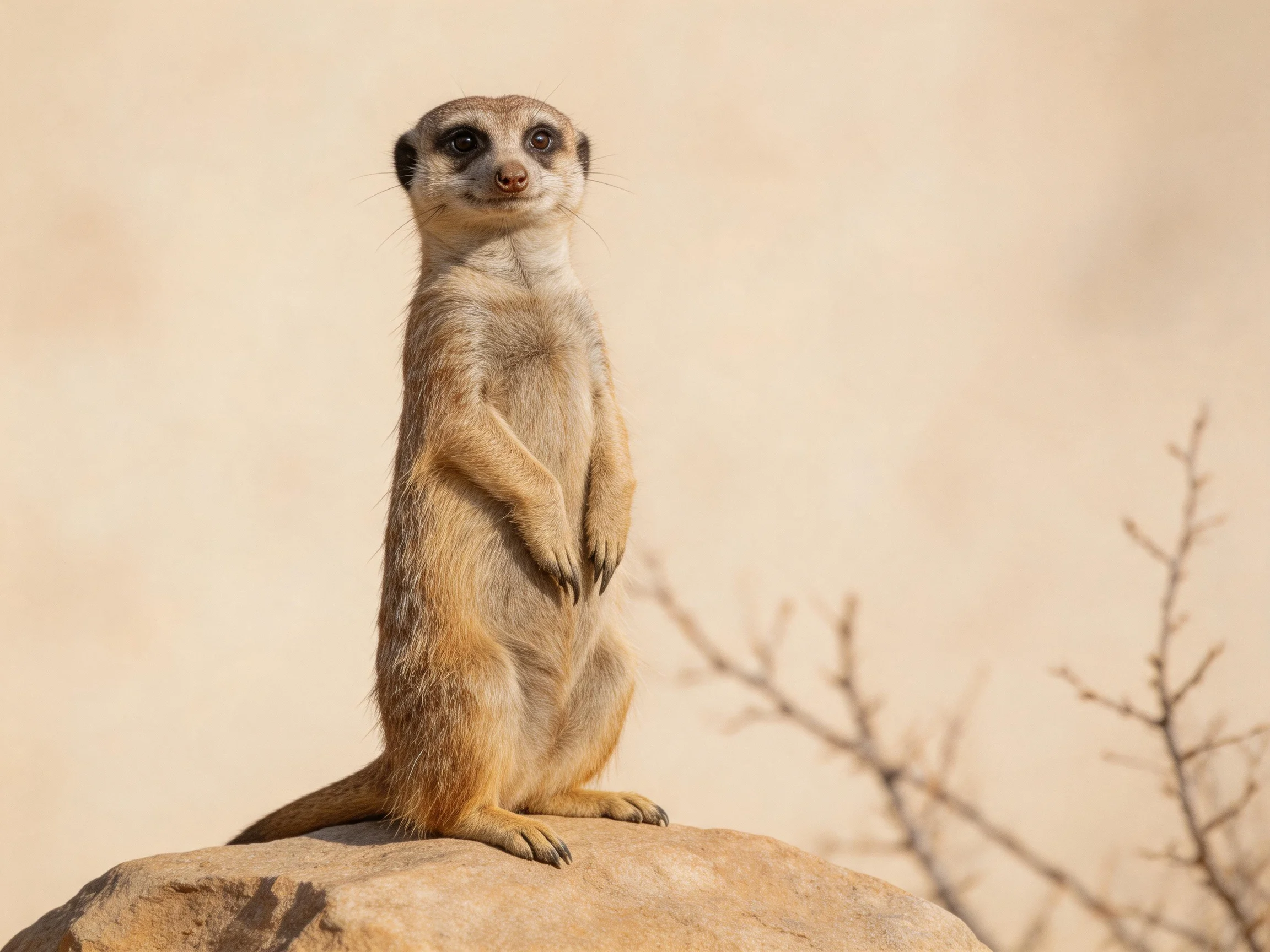 A vigilant meerkat stands on a large tan rock near bare branches