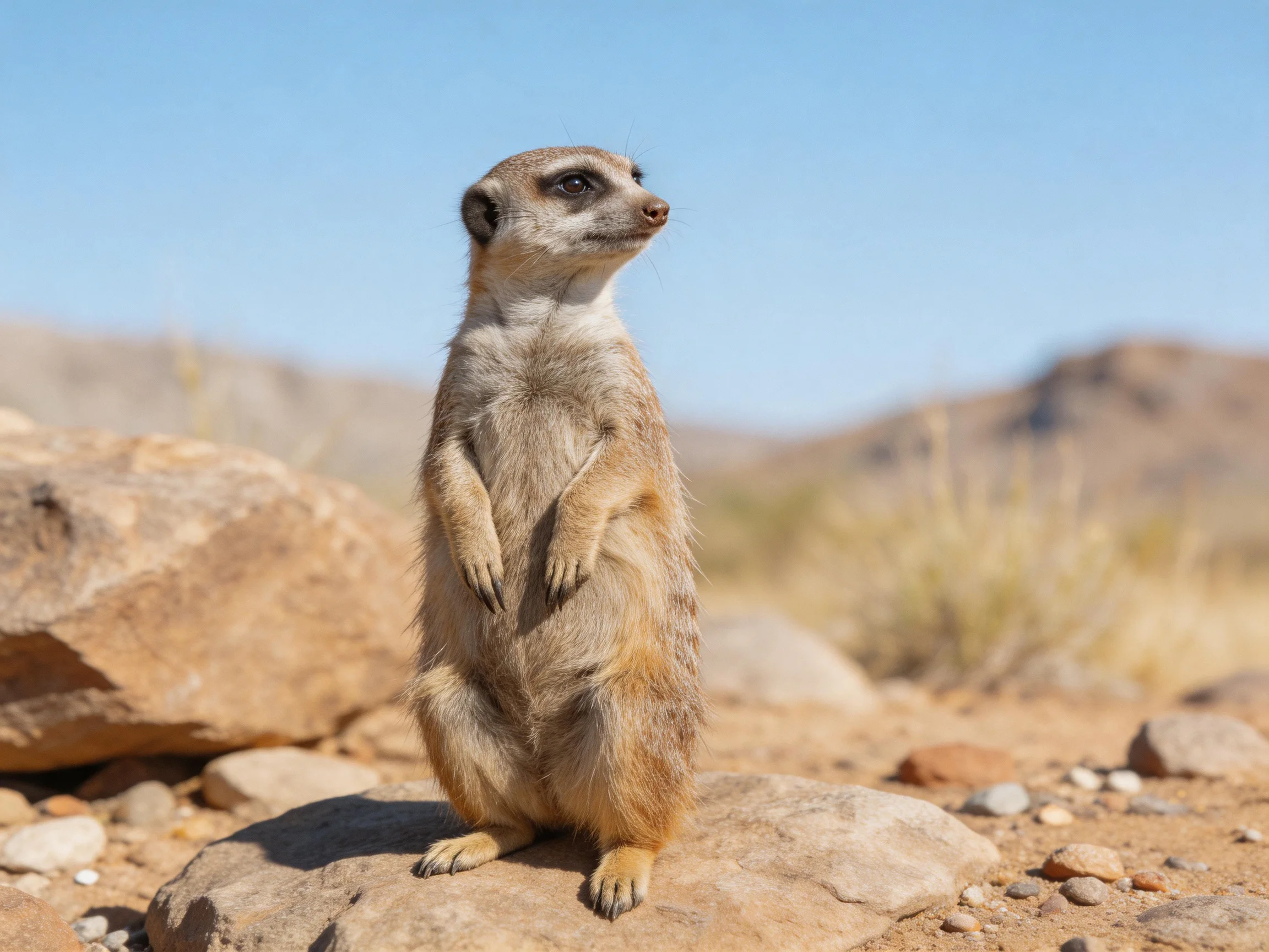 A vigilant meerkat stands on a rock in a rocky desert landscape