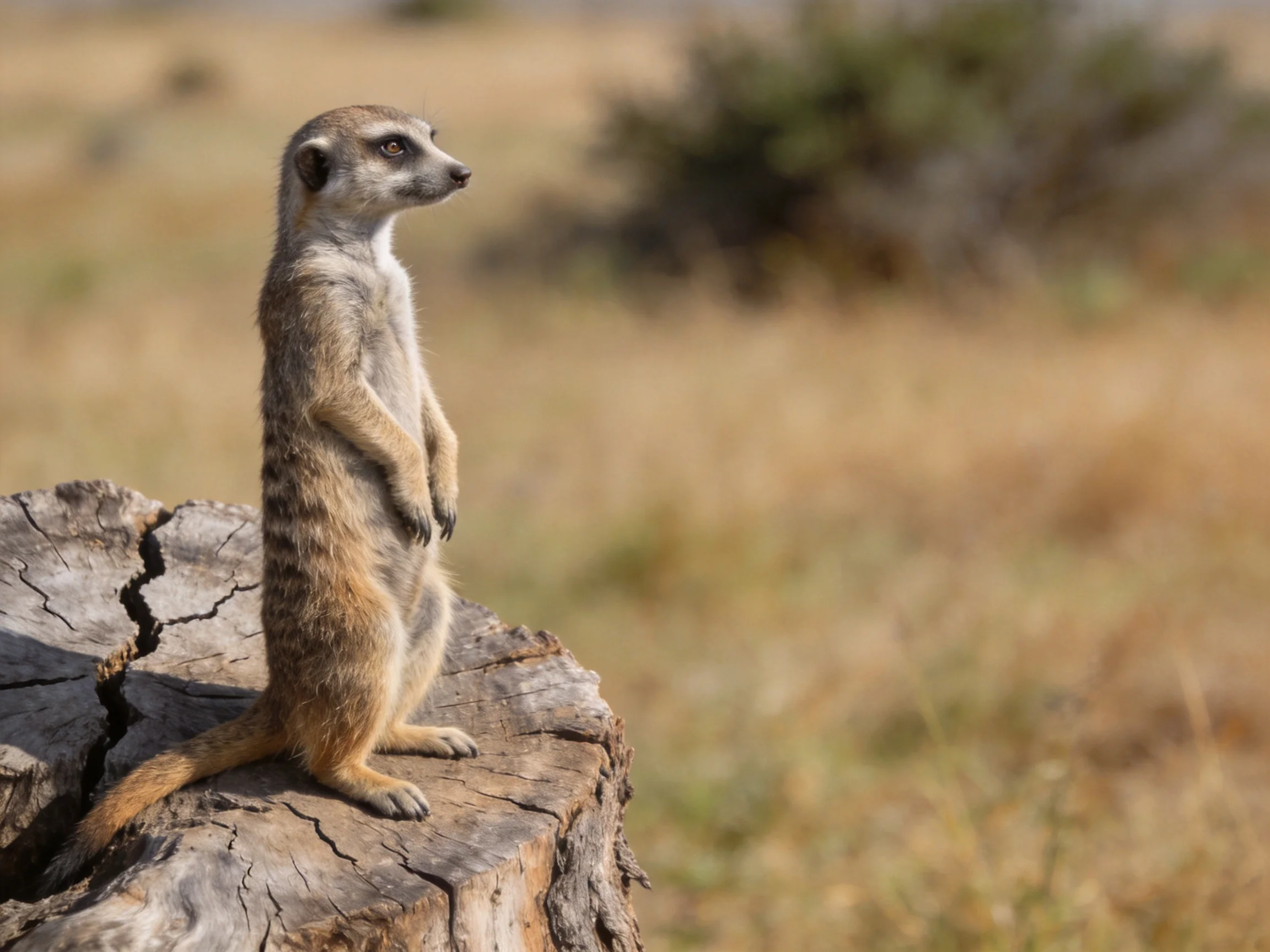 A vigilant meerkat stands on a weathered tree stump in the savannah