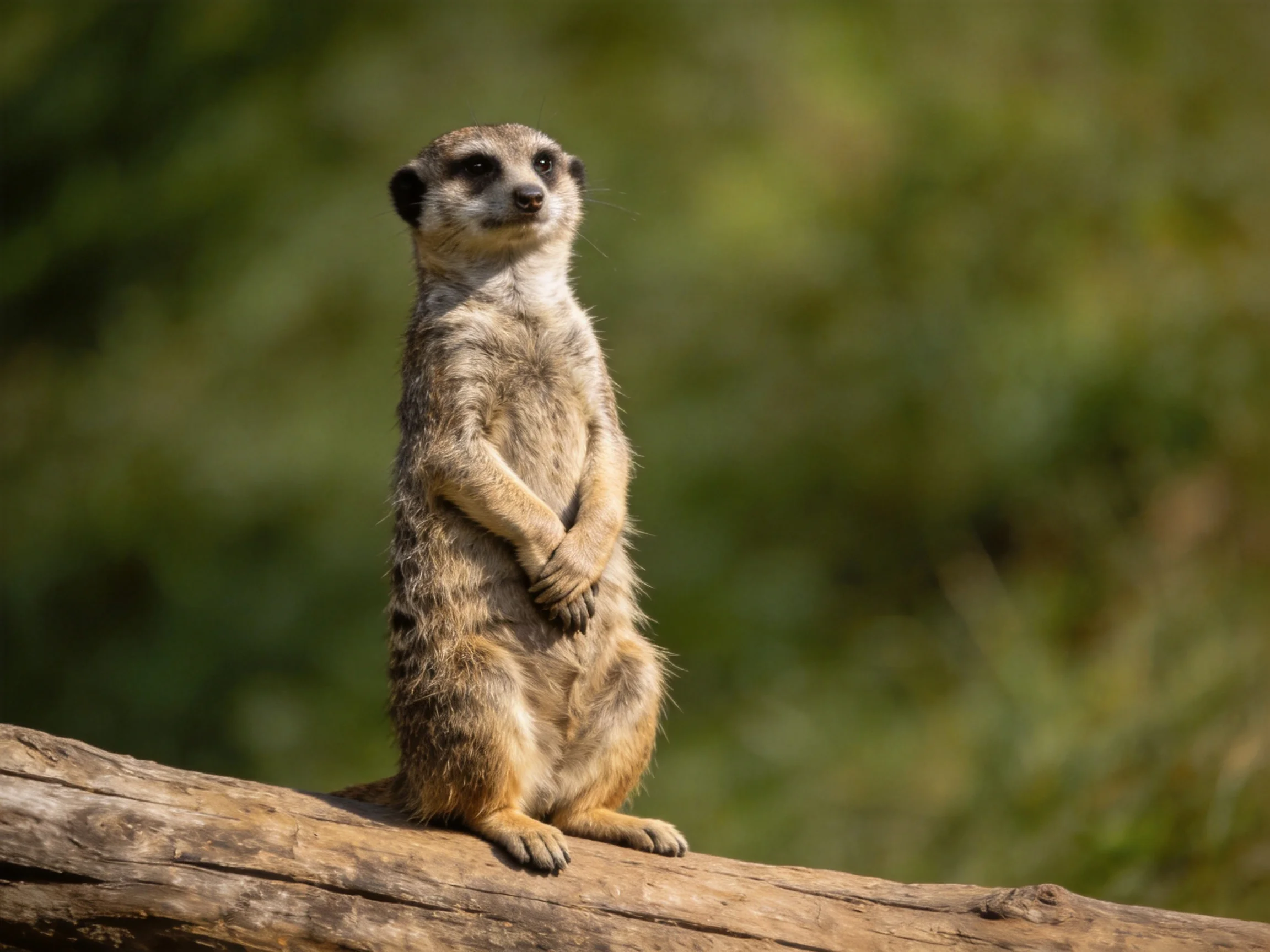 A vigilant meerkat stands on a weathered wooden log in a green landscape