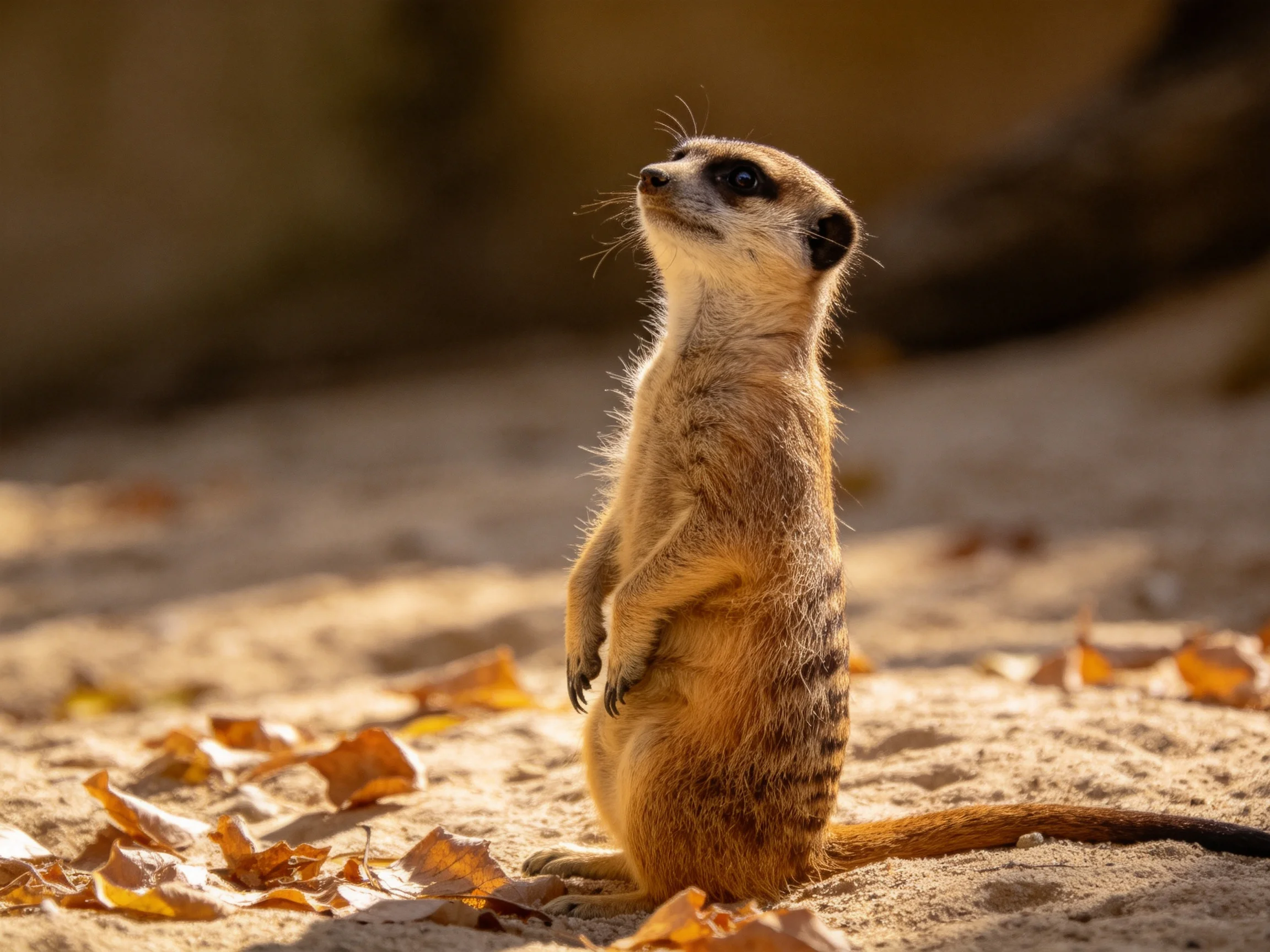 A vigilant meerkat stands on sandy ground amid scattered golden leaves