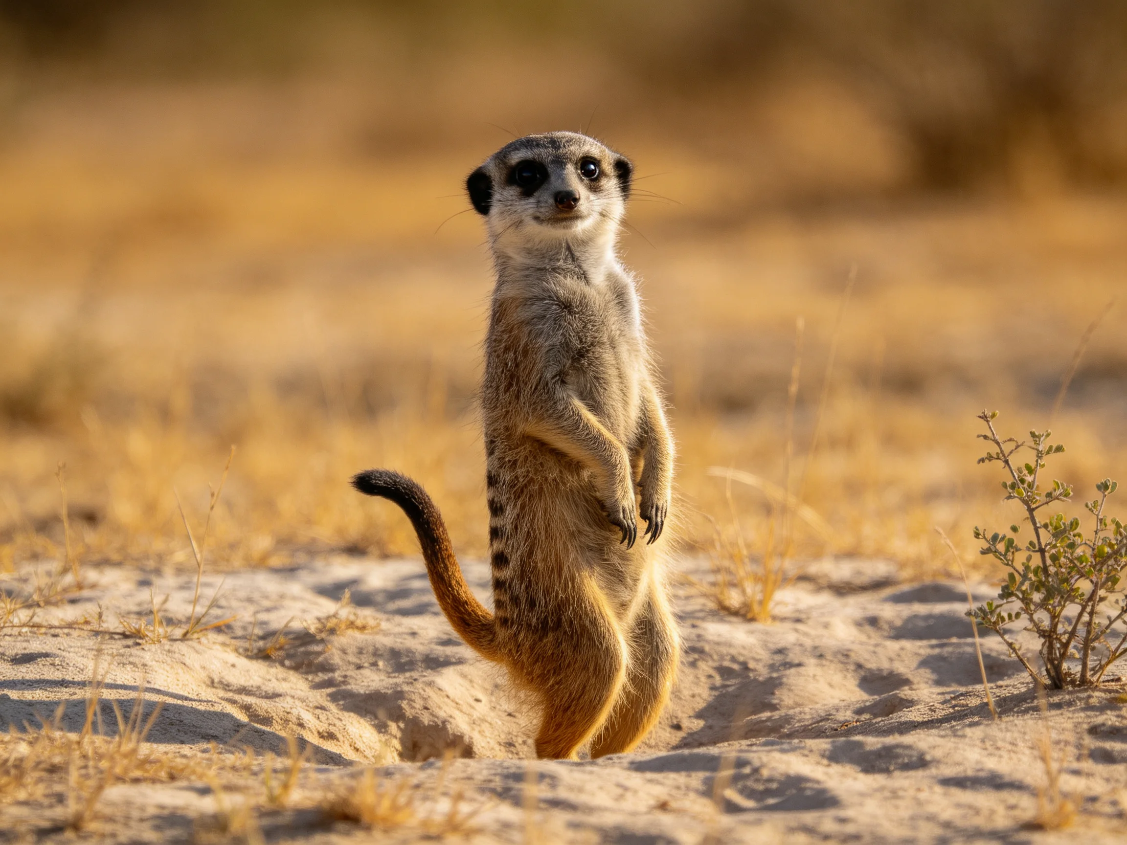 A vigilant meerkat stands on sandy terrain with dry vegetation