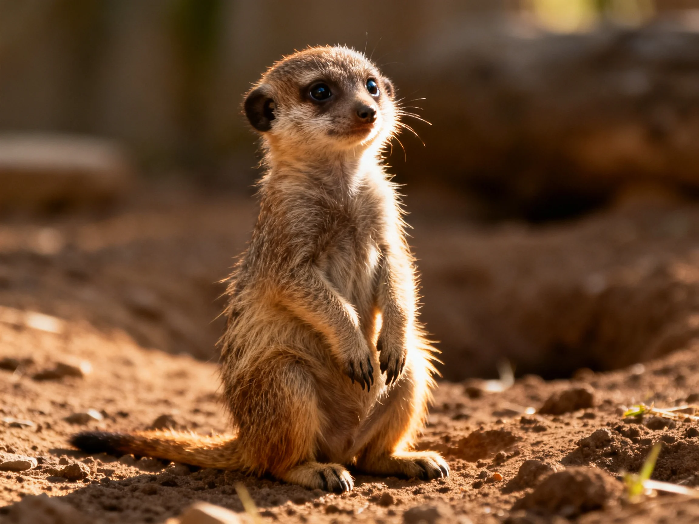 A vigilant meerkat stands on sun-kissed reddish earth