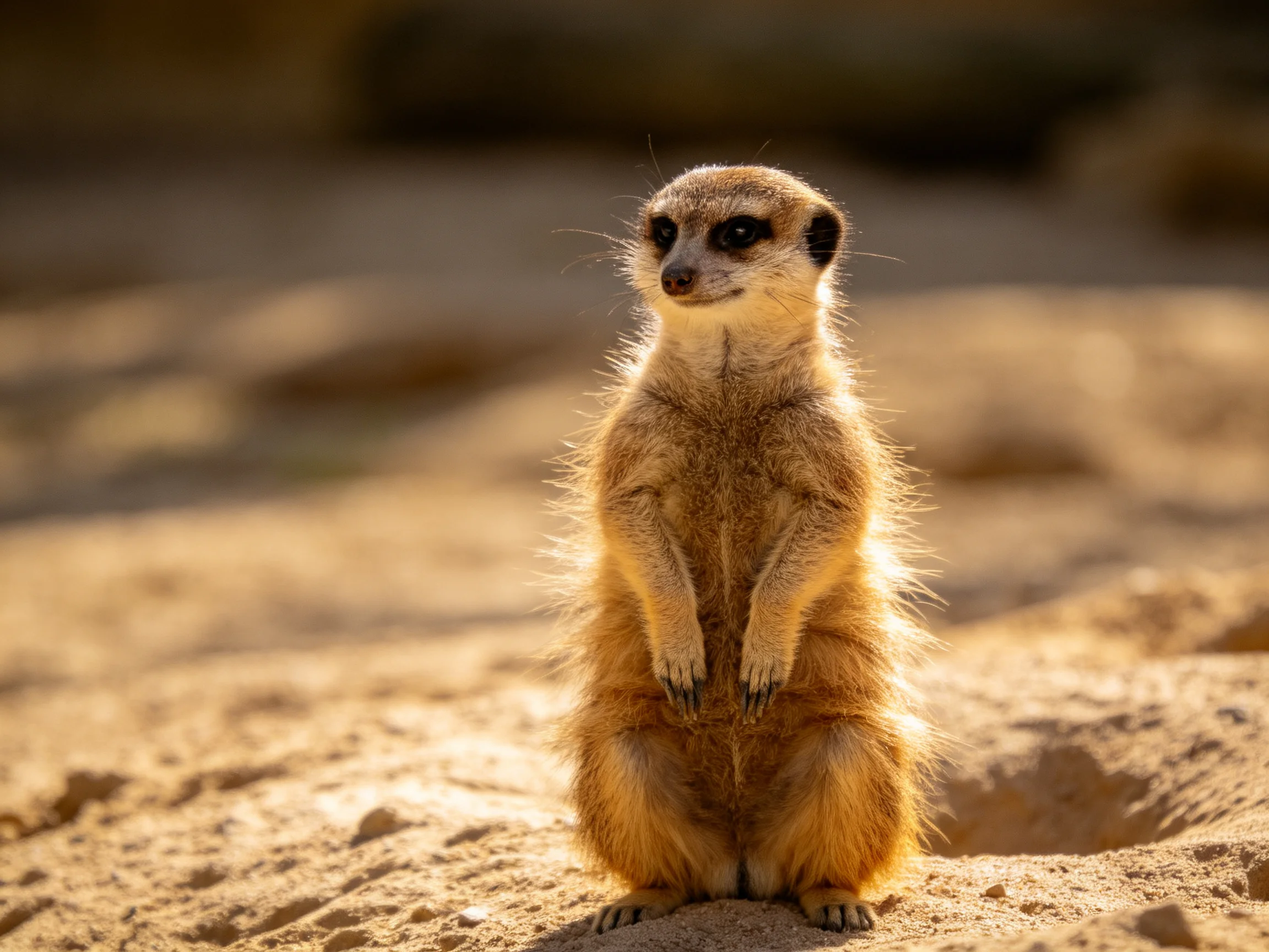A vigilant meerkat stands on sunlit sandy terrain