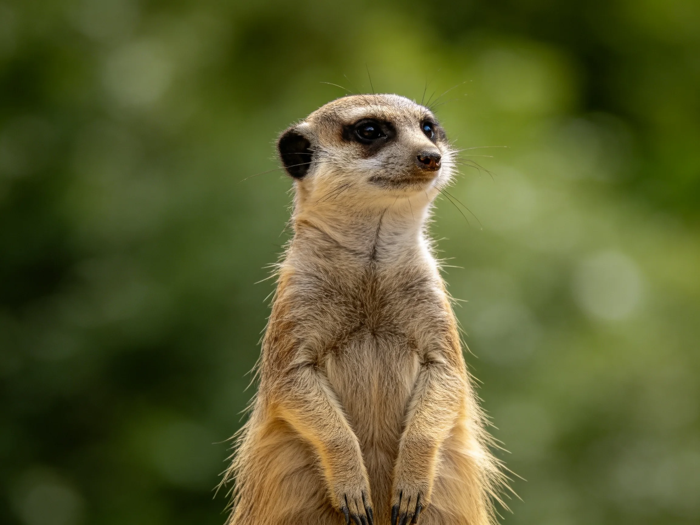 A vigilant meerkat stands upright against a blurred green backdrop