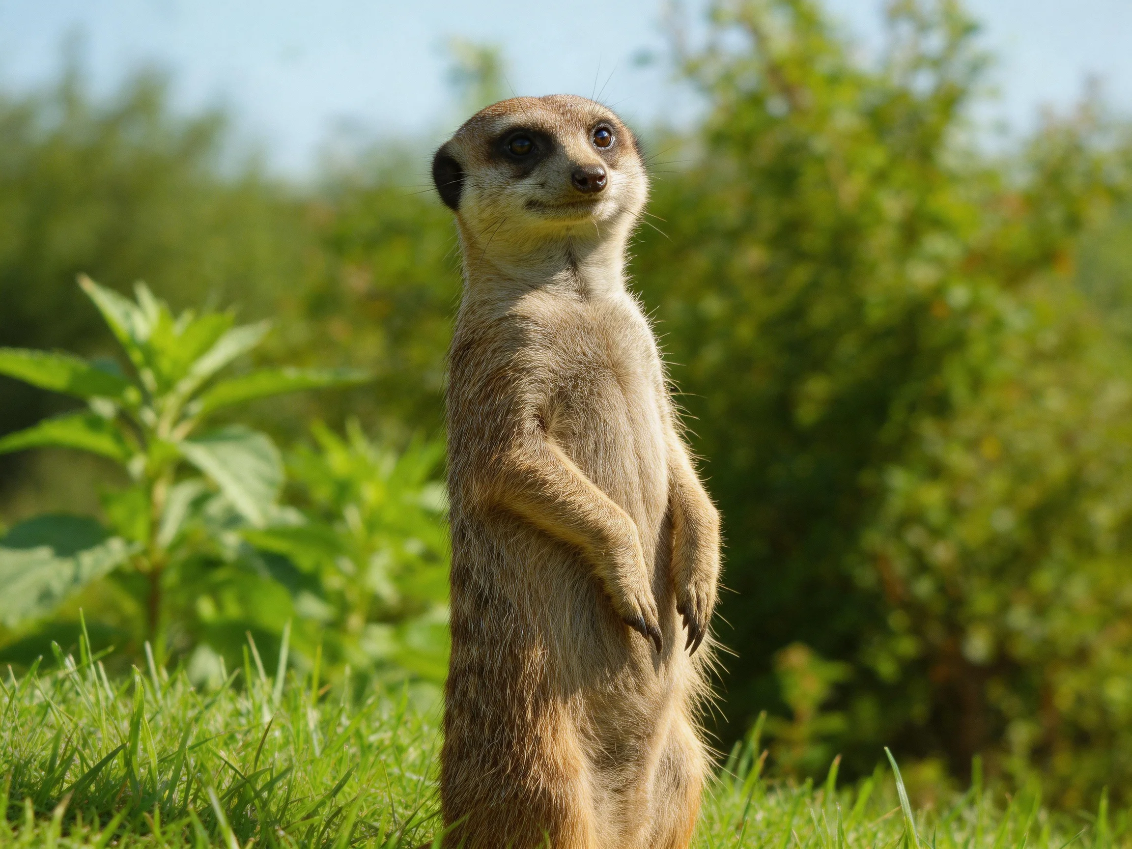 A vigilant meerkat stands upright among dense green vegetation