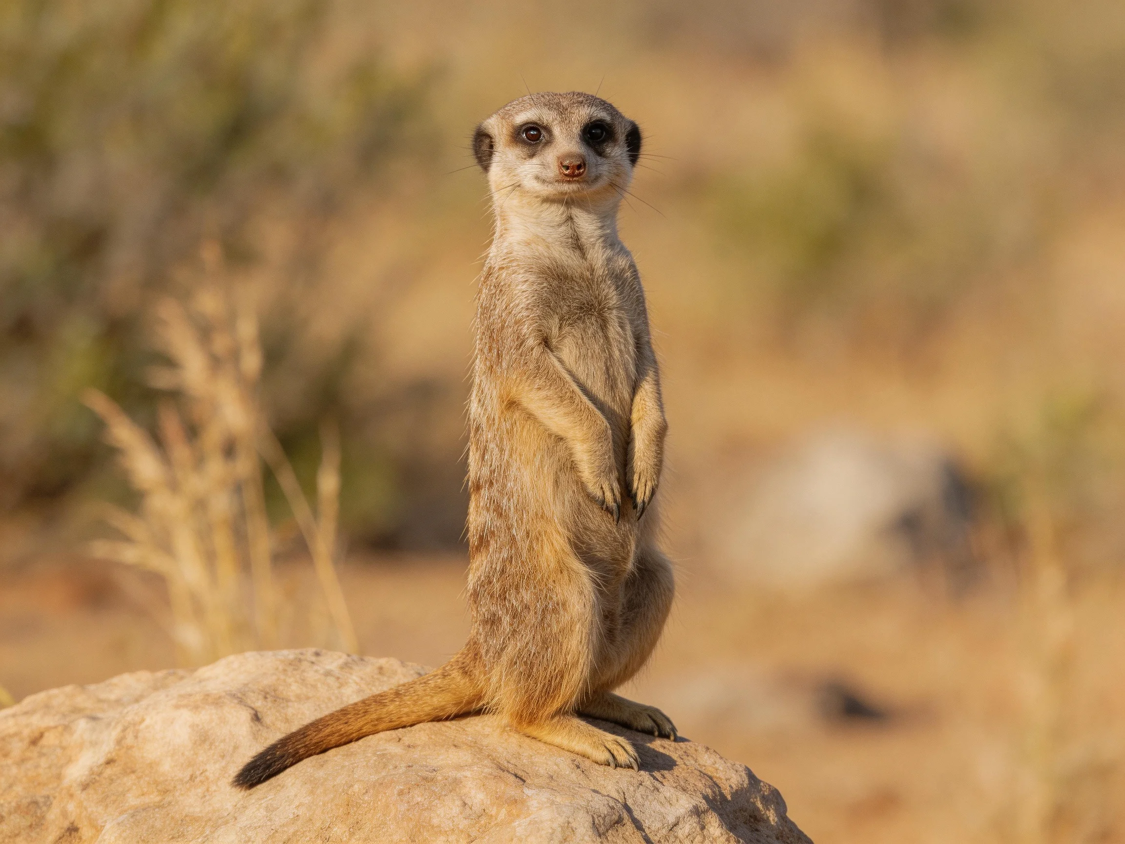 A vigilant meerkat stands upright on a sandy rock in a dry landscape