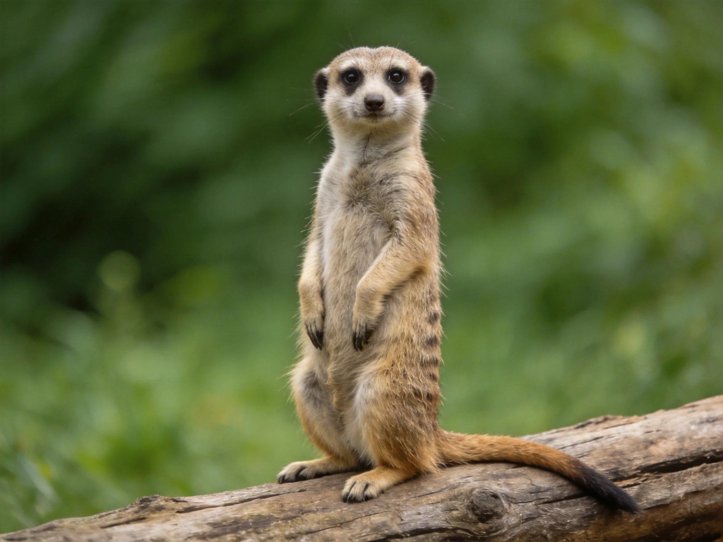 A vigilant meerkat stands upright on a weathered wooden log amidst lush green foliage.