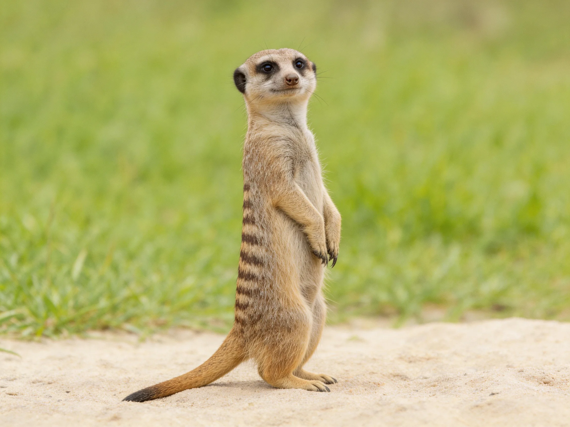 A vigilant meerkat stands upright on sandy ground with green grass