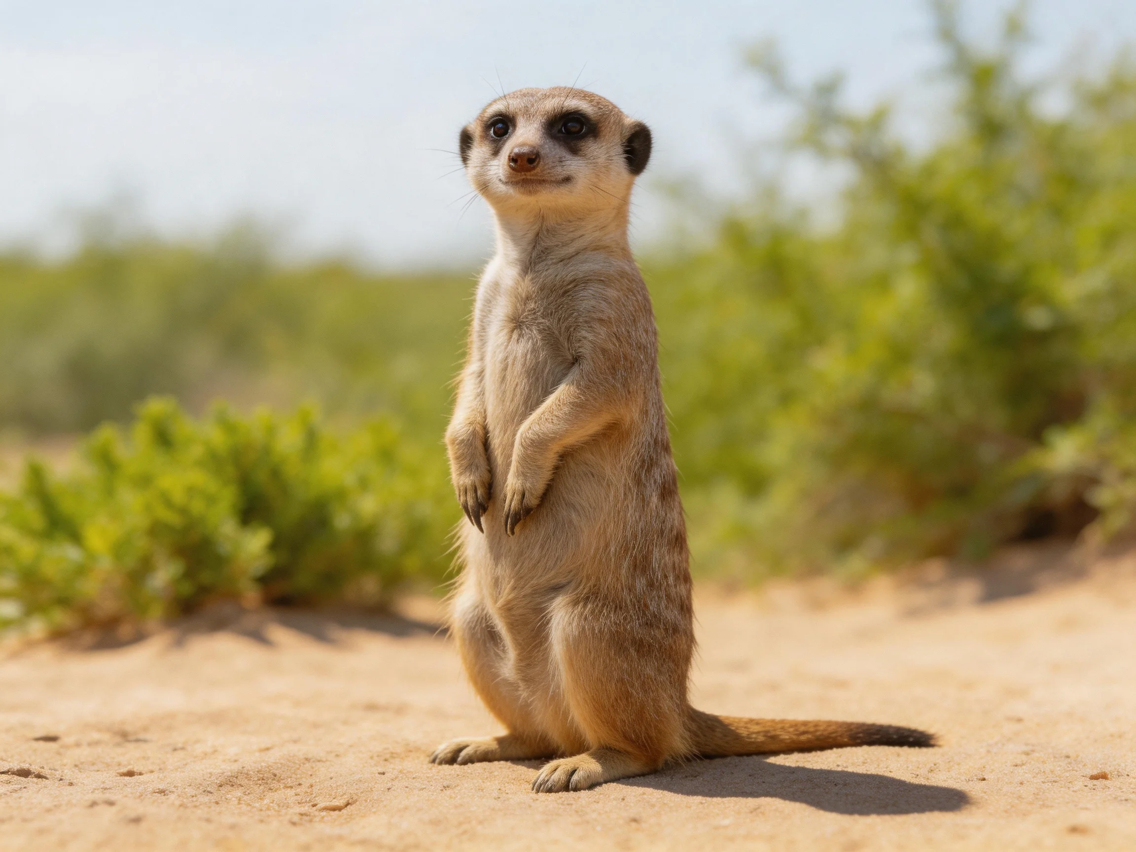 A vigilant meerkat stands upright on sandy terrain near green shrubs