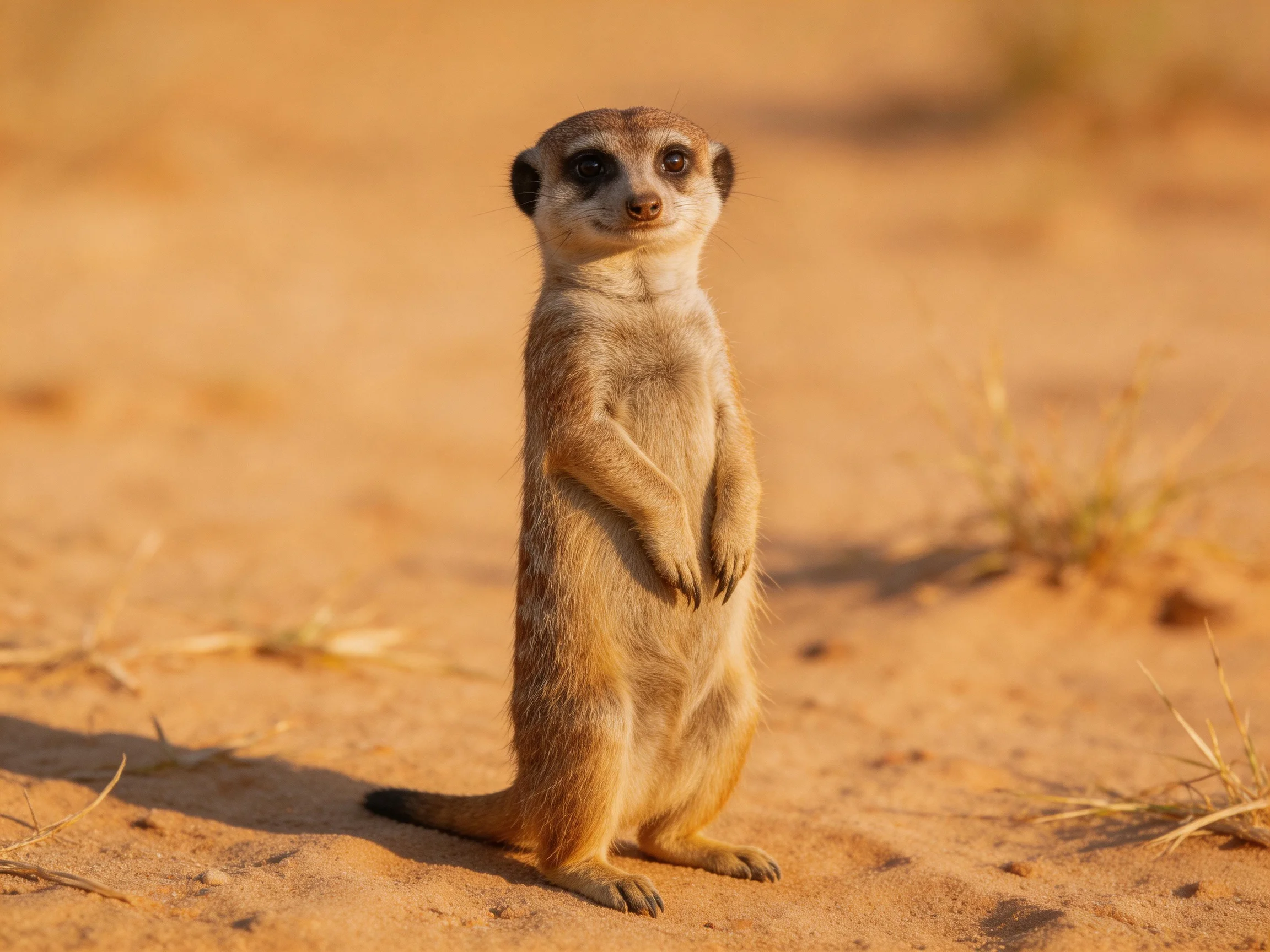 A vigilant meerkat stands upright on sun-drenched sandy terrain with scattered dry plants