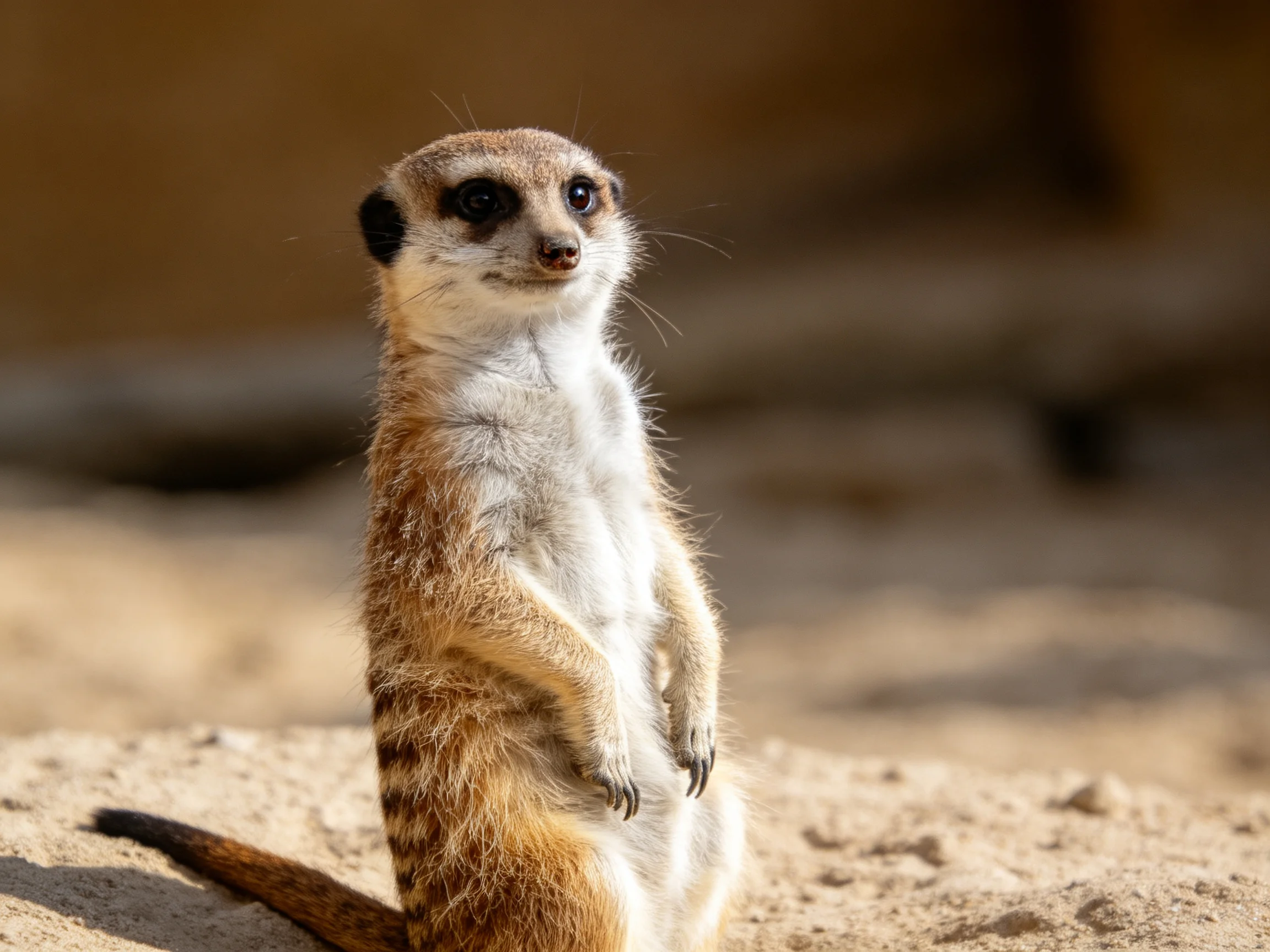A vigilant meerkat stands upright on sunlit sandy terrain