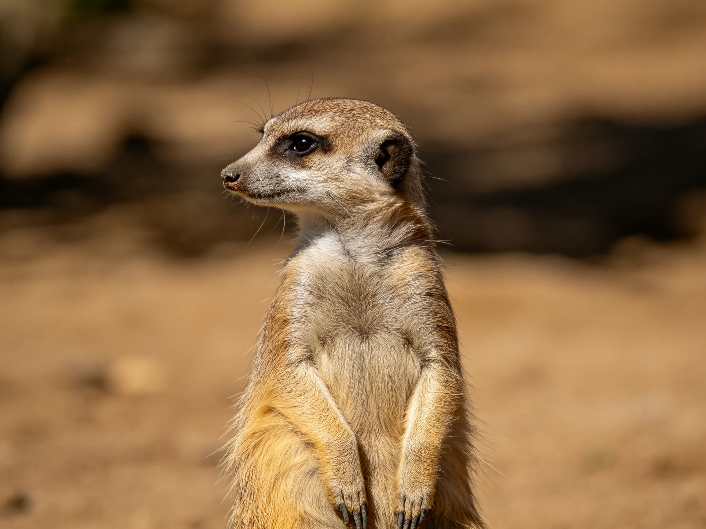 A meerkat stands alert in a sunlit, earthy environment.