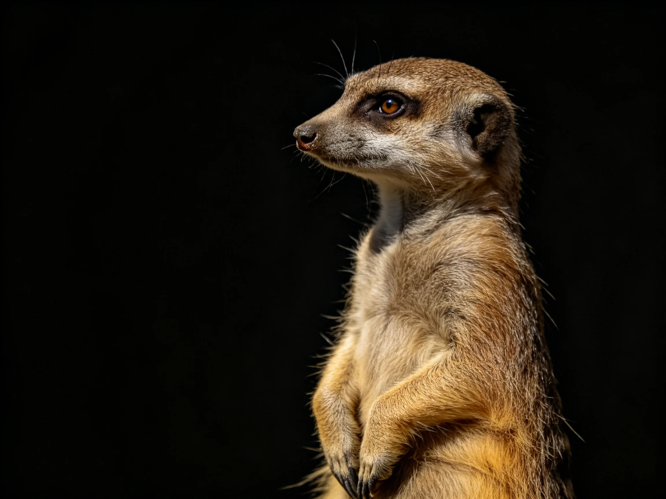 A vigilant meerkat with tan fur stands against a stark black backdrop