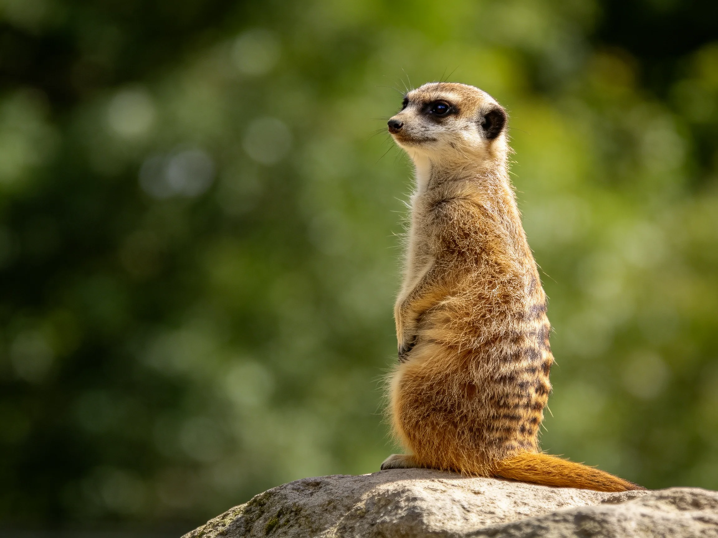 A vigilant meerkatstands atop a large gray rock amidst green foliage