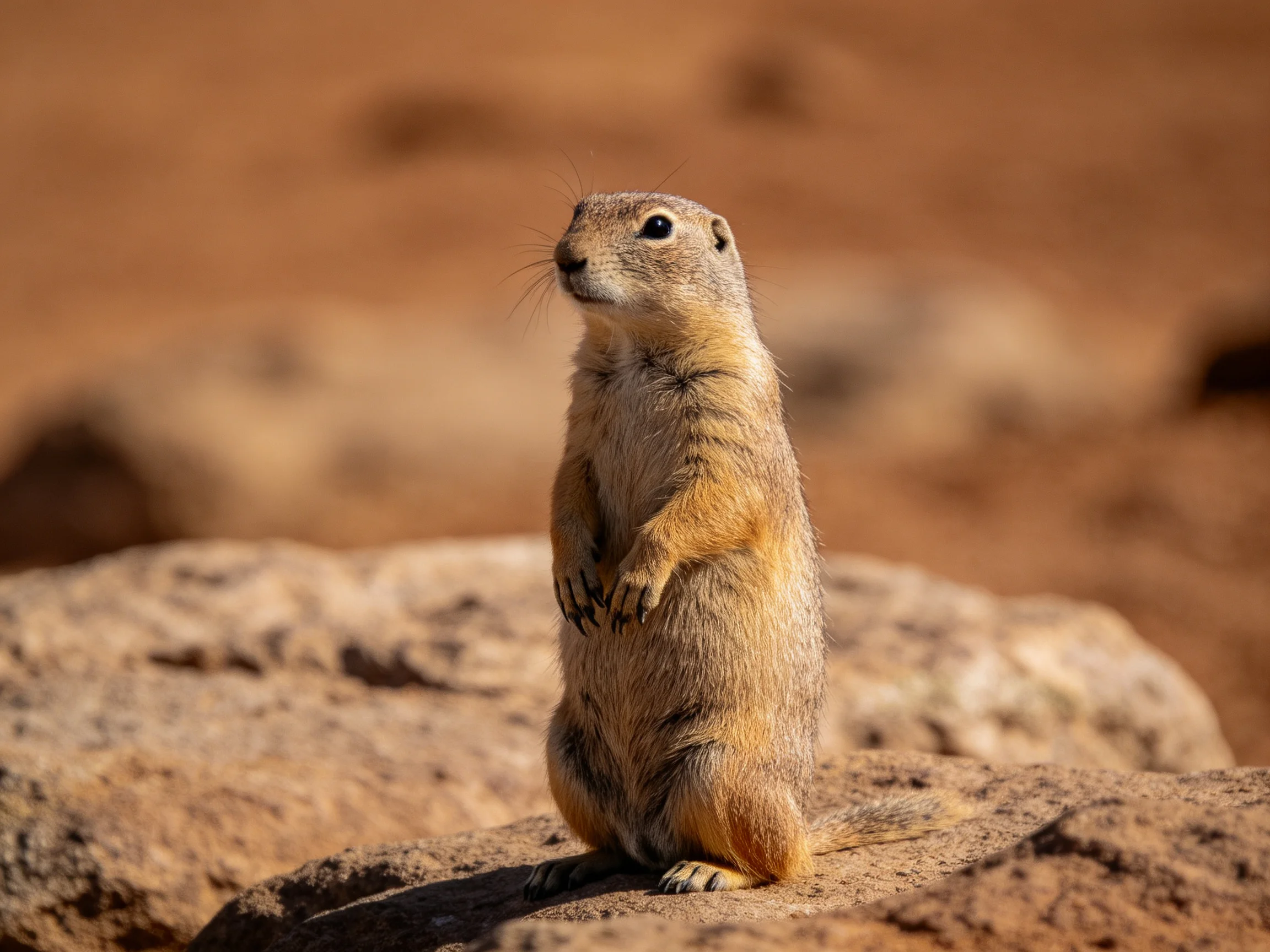 A vigilant prairie dog stands atop rocky terrain in earthy tones
