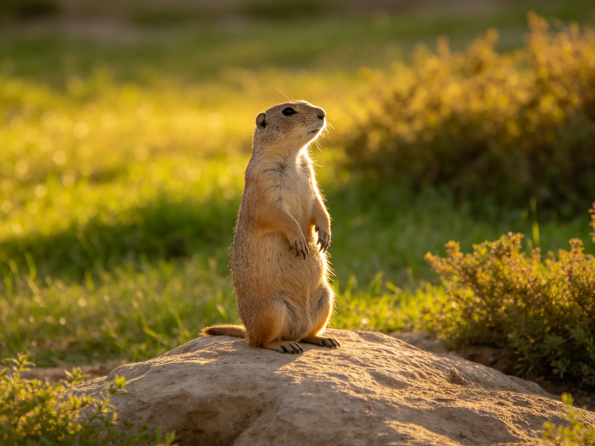 A vigilant prairie dog stands on a sandy rock surrounded by golden foliage