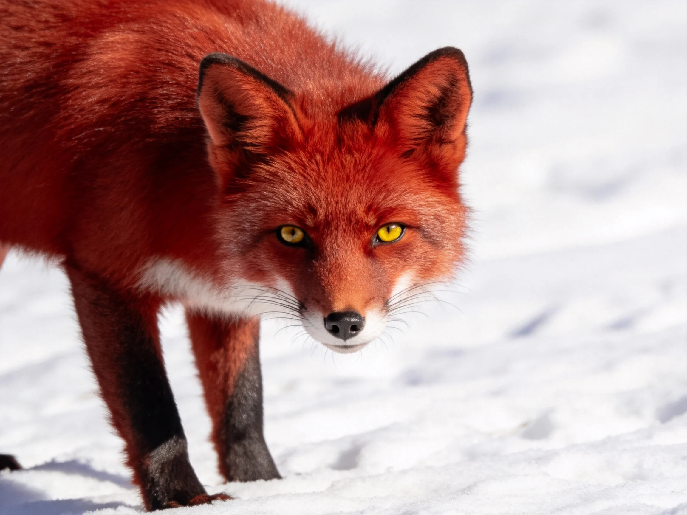 A vivid red fox with yellow eyes traverses snowy terrain
