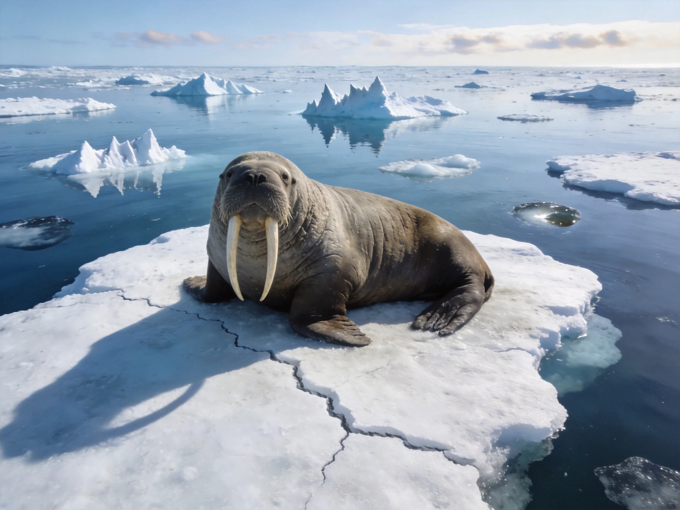 A walrus rests on a cracked white ice floe amid icy waters