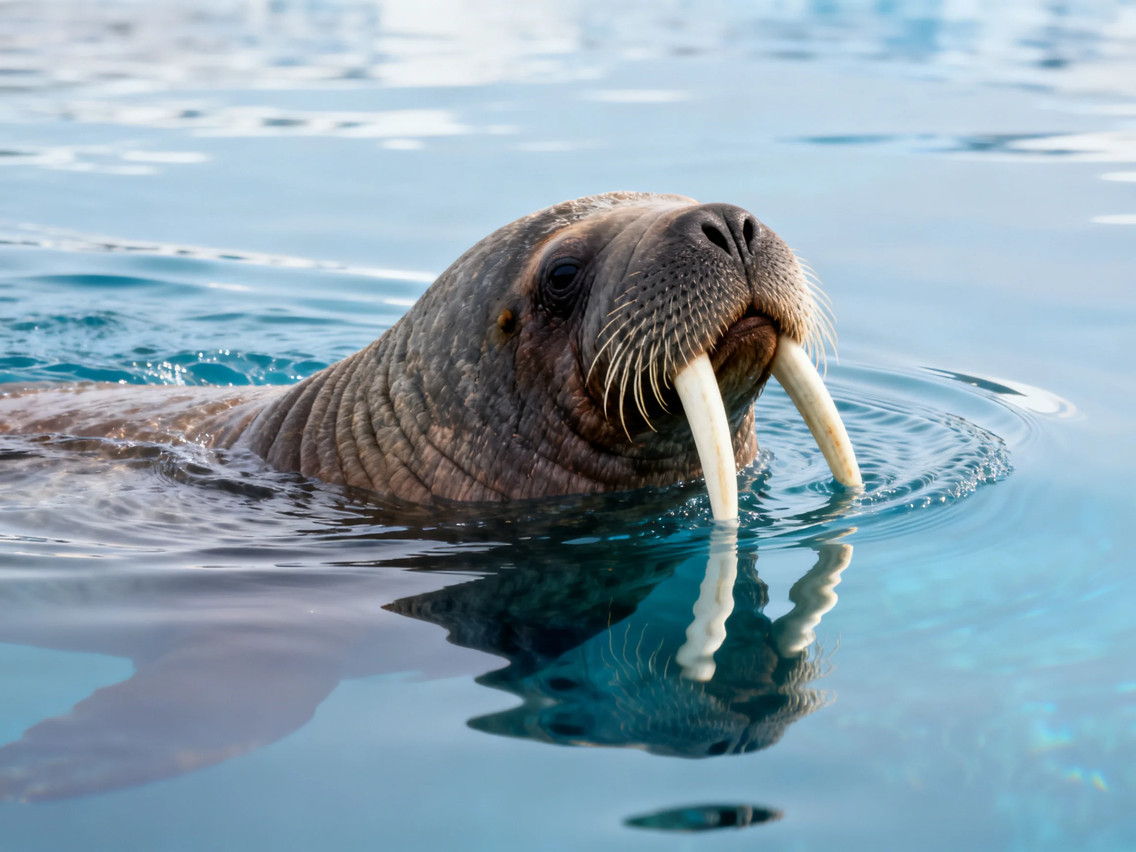 A walrus with prominent tusks swims in clear blue water